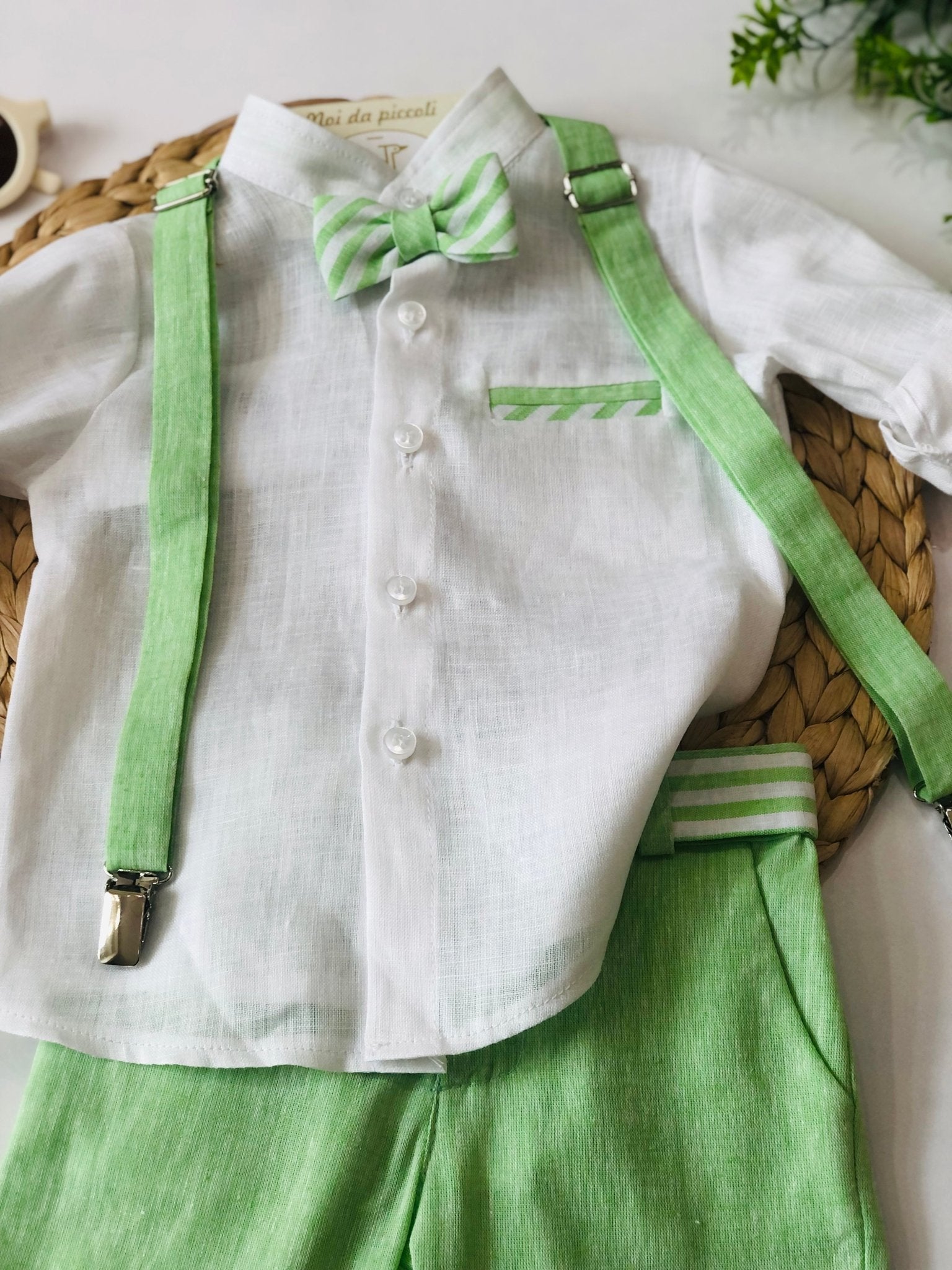 COMPLETO VERDE IN 100% LINO CON BRETELLE - Noi da piccoli