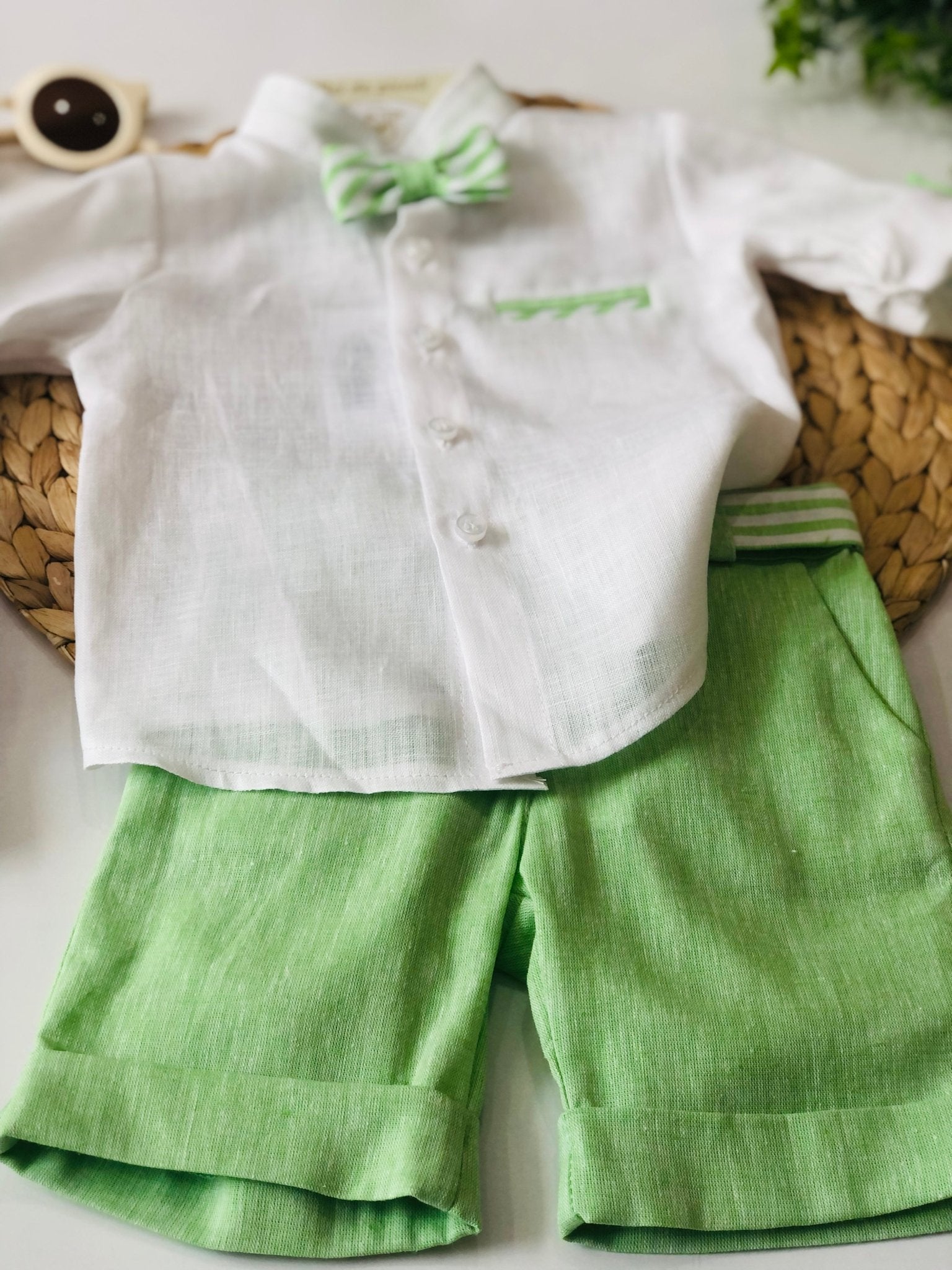 COMPLETO VERDE IN 100% LINO CON BRETELLE - Noi da piccoli