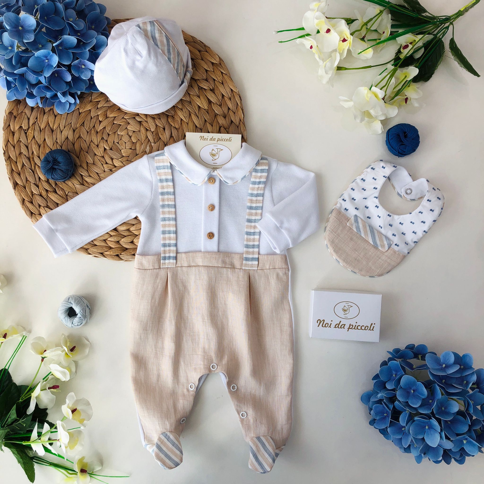COORDINATO CON TUTINA IN COTONE RIGHETTE BEIGE E BLU - Noi da piccoli