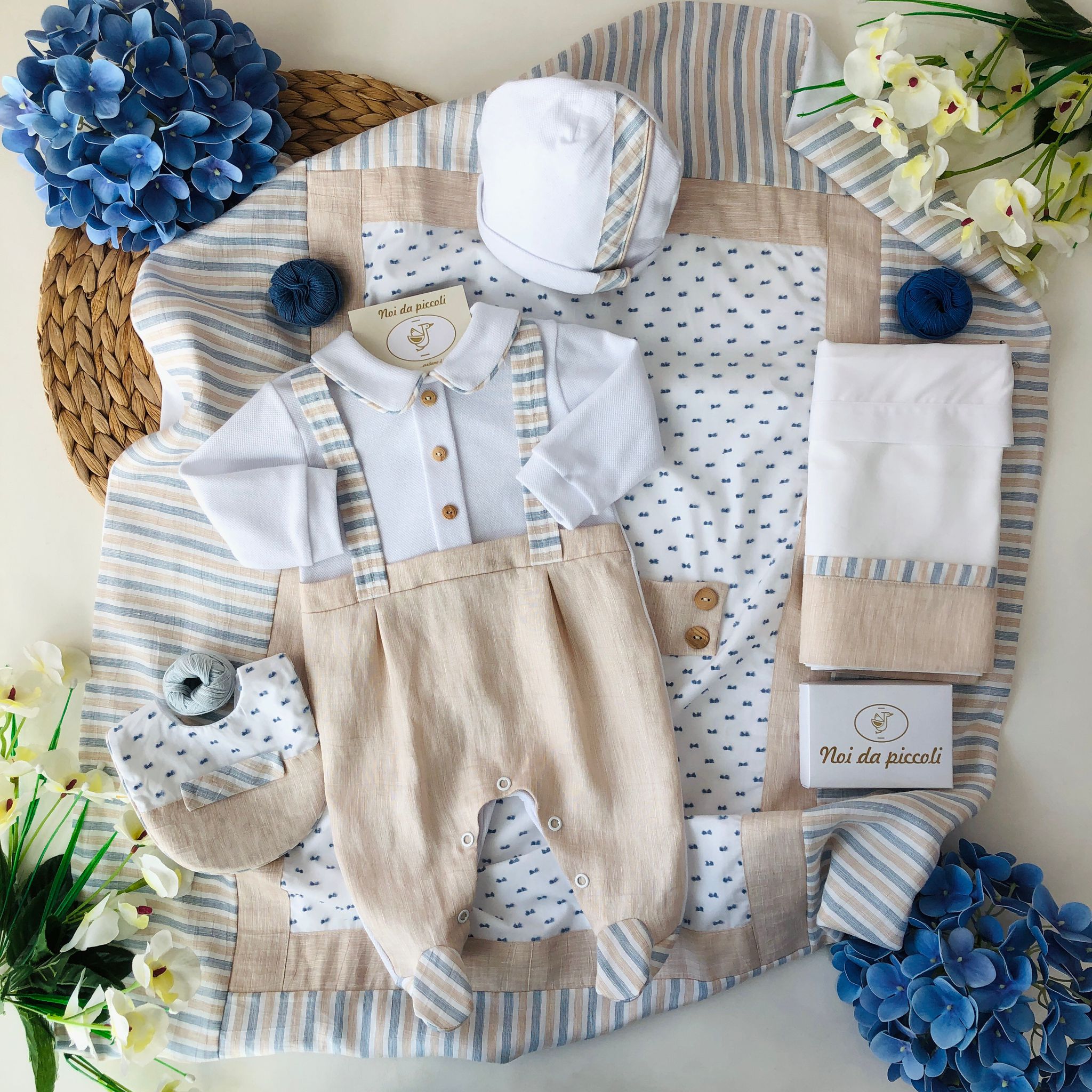 COORDINATO CON TUTINA IN COTONE RIGHETTE BEIGE E BLU - Noi da piccoli