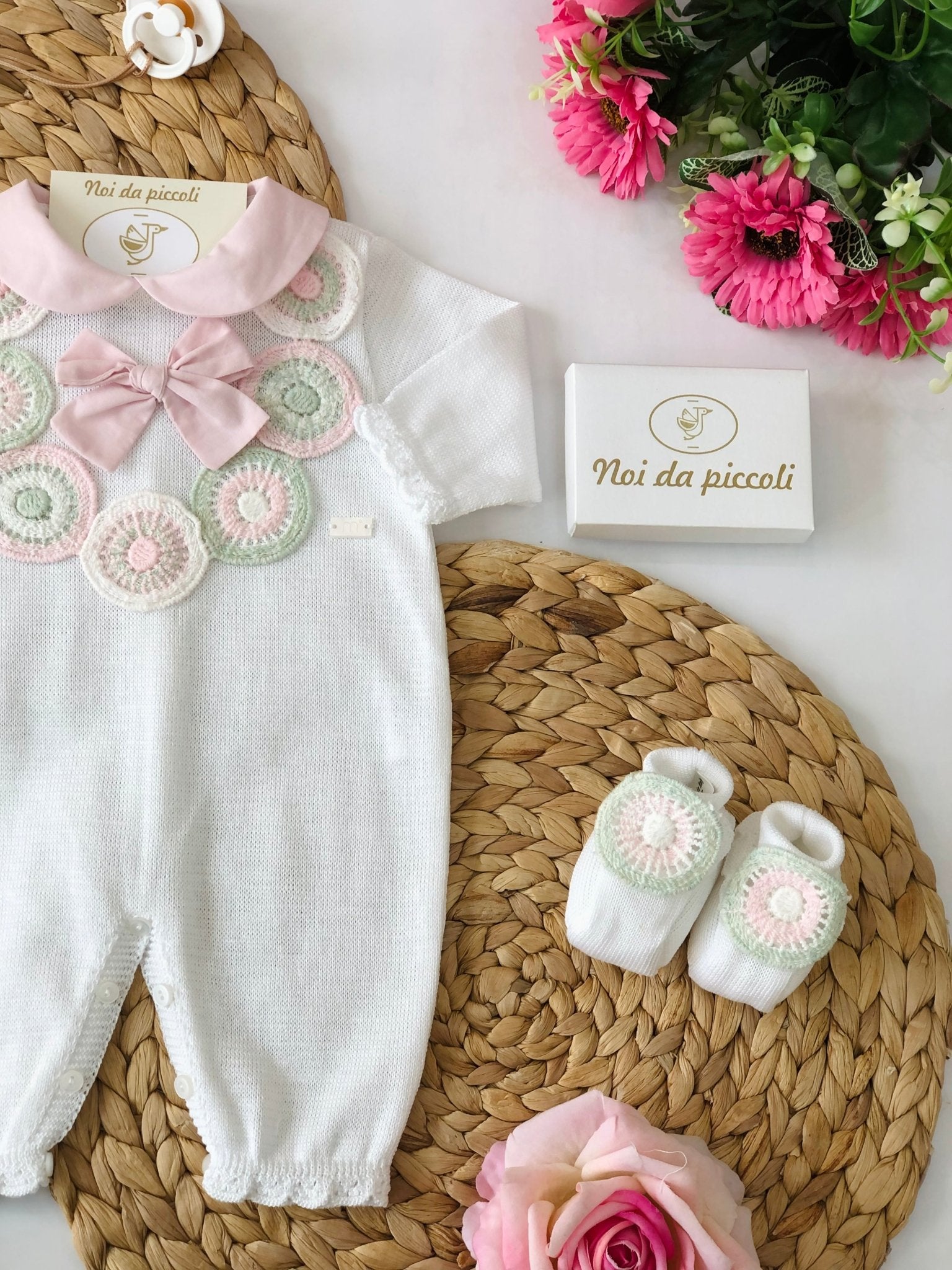 COORDINATO CON TUTINA ROSA BIANCO E VERDE IN FILO DI COTONE - Noi da piccoli