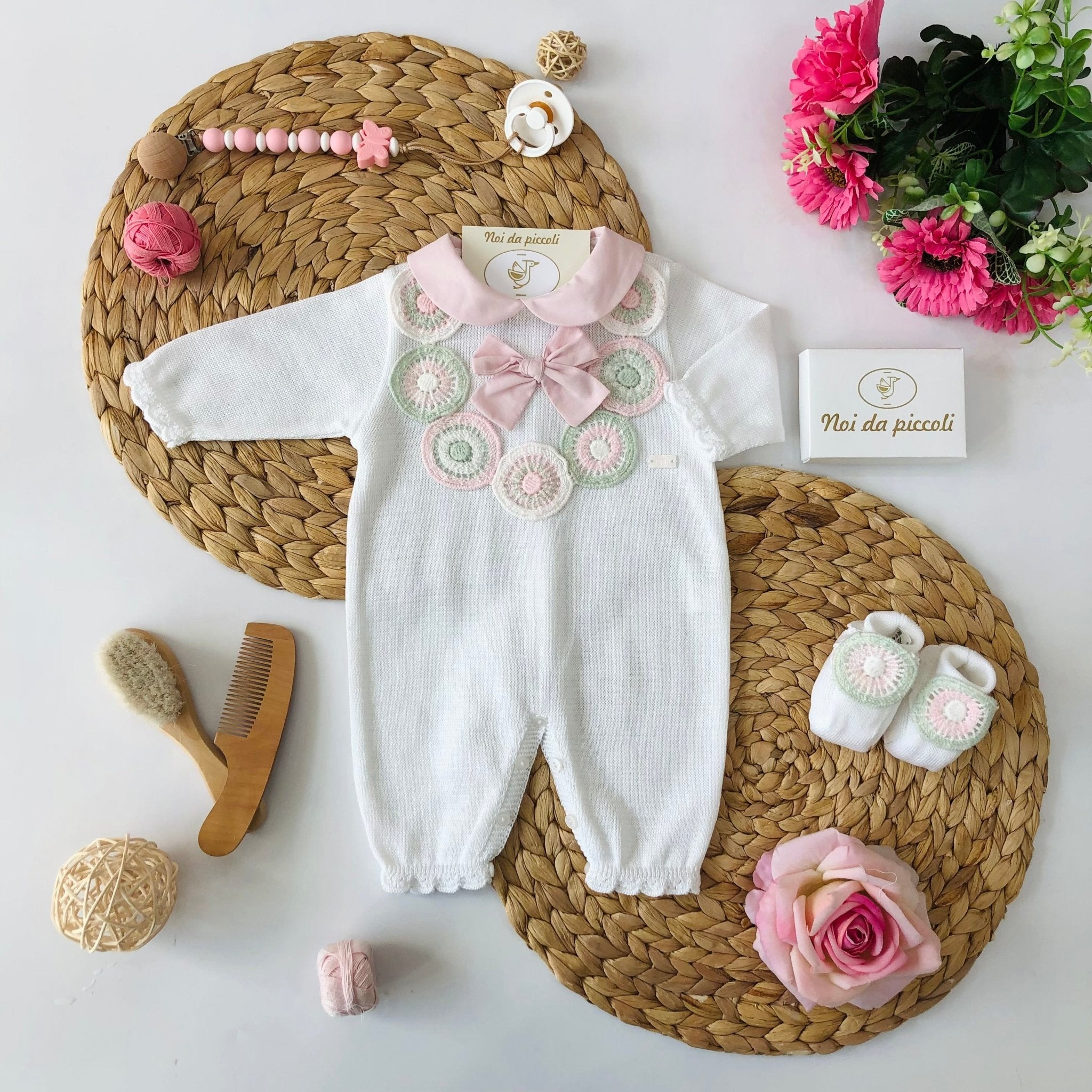 COORDINATO CON TUTINA ROSA BIANCO E VERDE IN FILO DI COTONE - Noi da piccoli