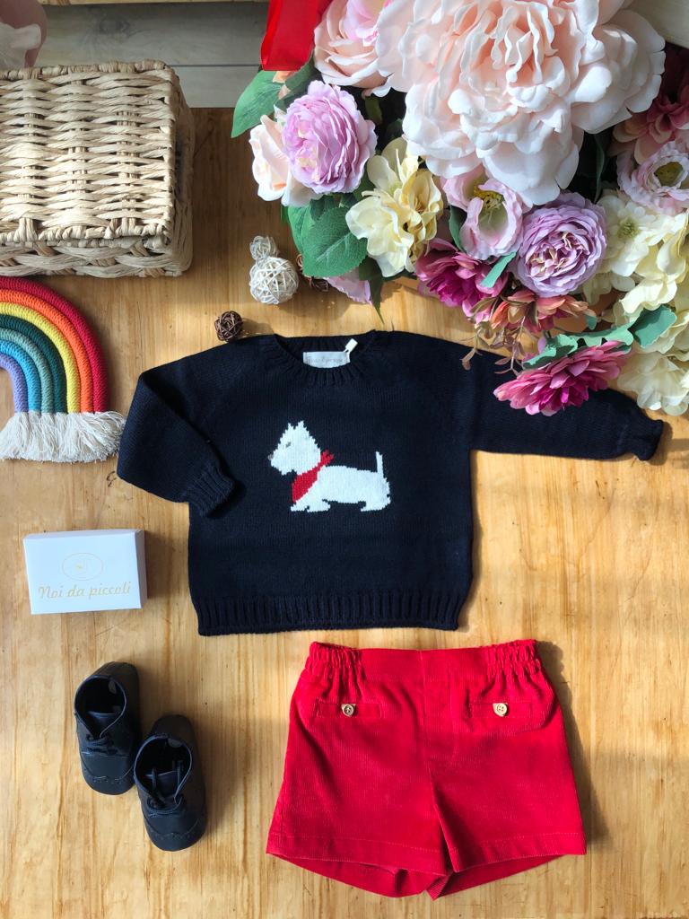 MAGLIONCINO BLU CON CAGNOLINO IN LANA MERINO E SHORT ROSSO - Noi da piccoli