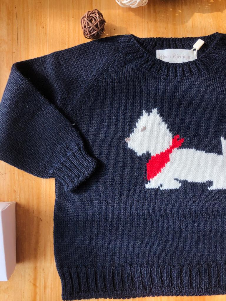 MAGLIONCINO BLU CON CAGNOLINO IN LANA MERINO E SHORT ROSSO - Noi da piccoli