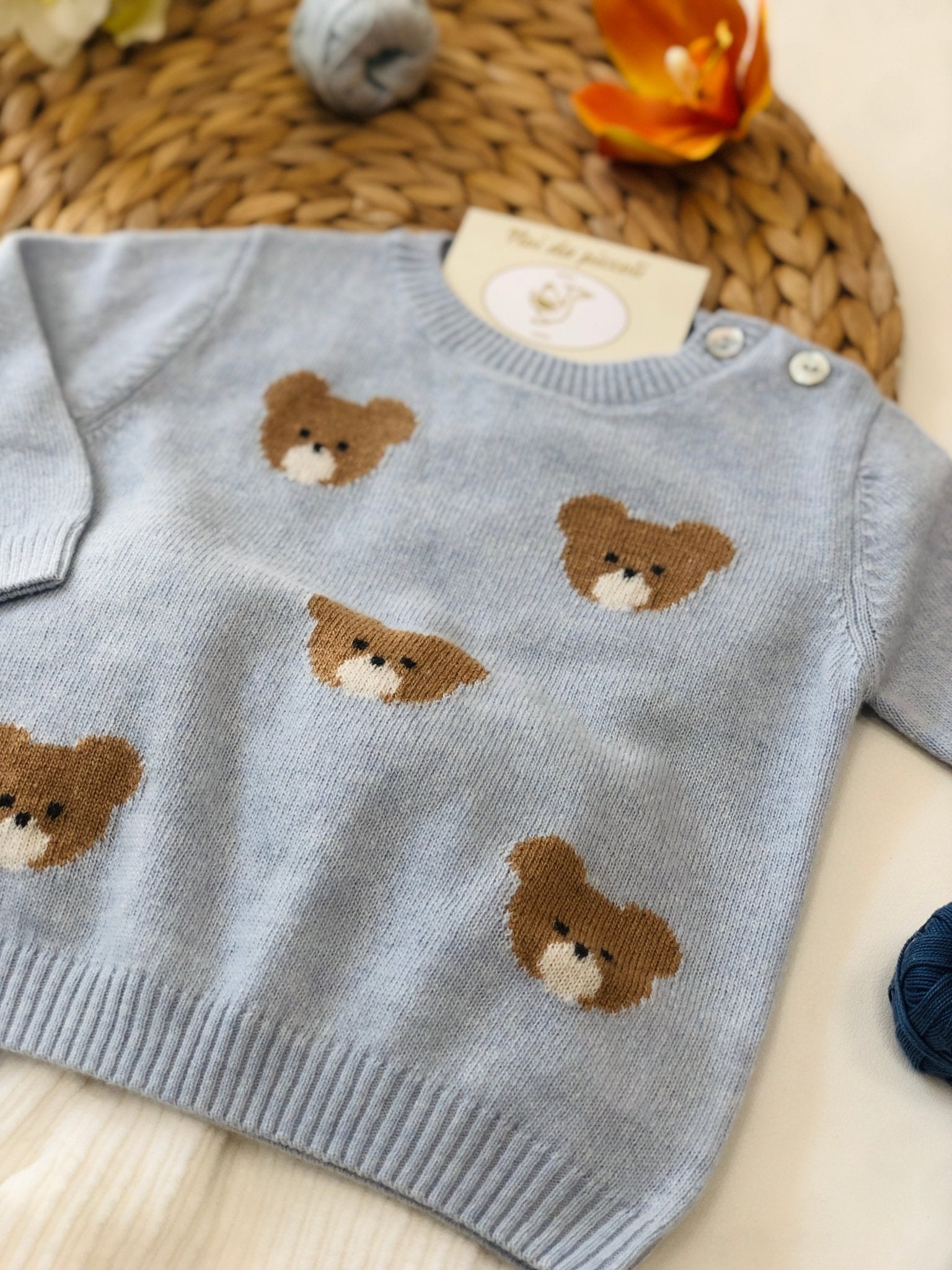 MAGLIONCINO CIELO TEDDY CON PANTALONE A COSTINE PANNA - Noi da piccoli