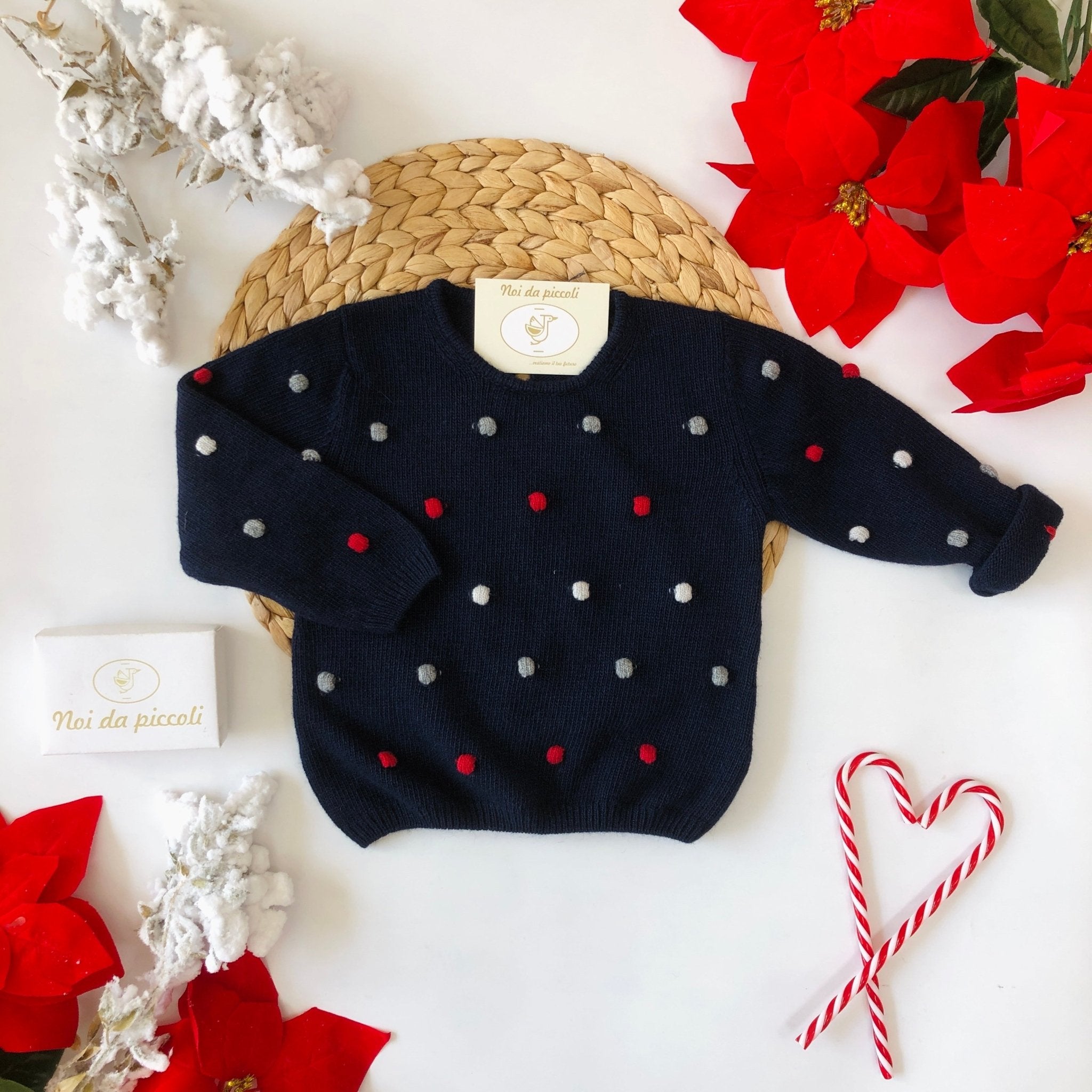 MAGLIONCINO IN LANA E CHASHEMIRE BLU CON POIS ROSSI E BIANCHI - Noi da piccoli