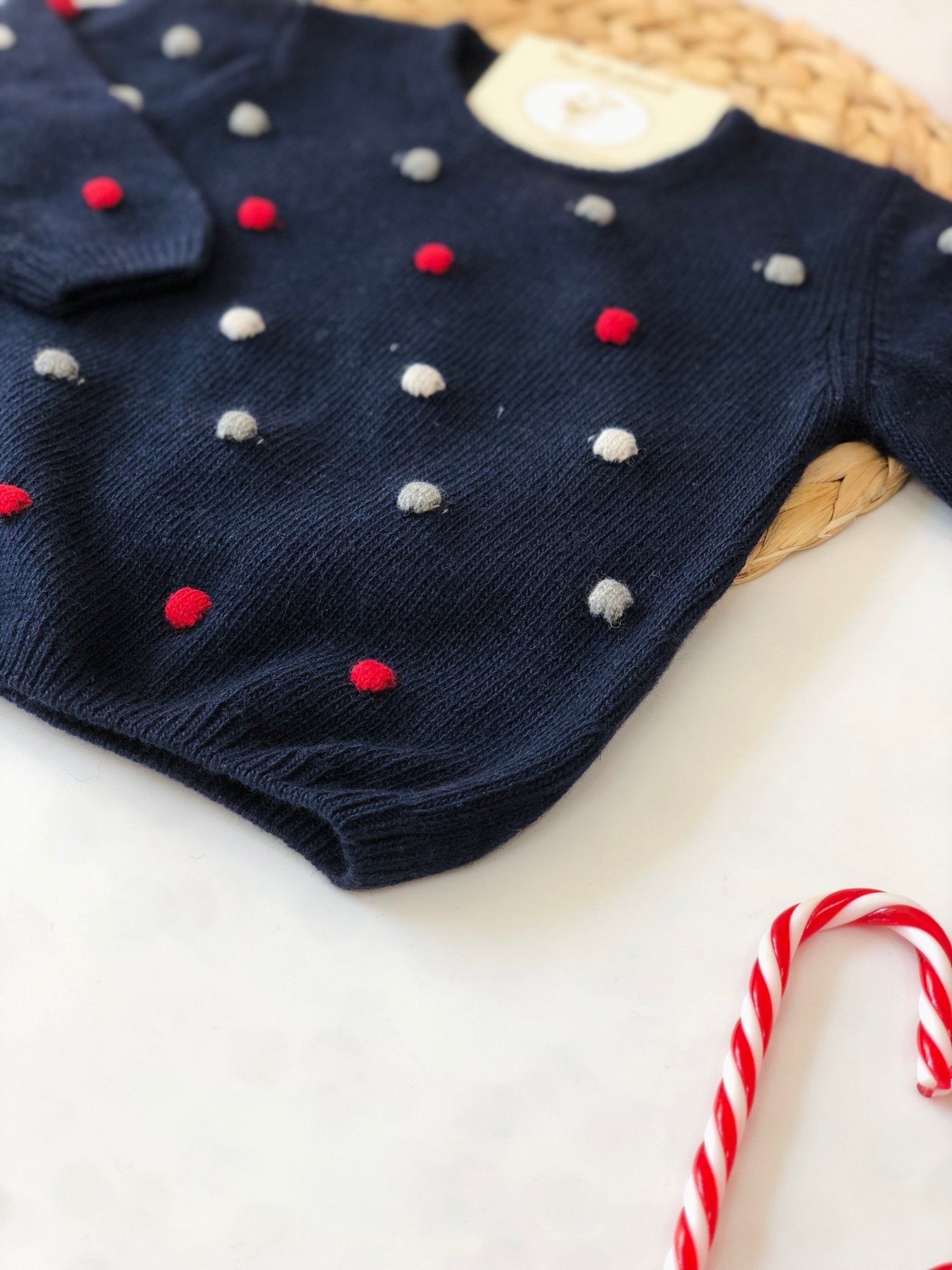 MAGLIONCINO IN LANA E CHASHEMIRE BLU CON POIS ROSSI E BIANCHI - Noi da piccoli