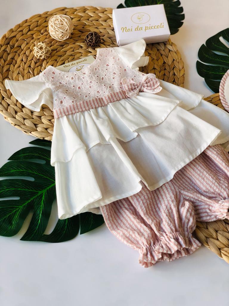 MINIABITO CON CULOTTE IN COTONE DETTAGLI ROSA ANTICO - Noi da piccoli