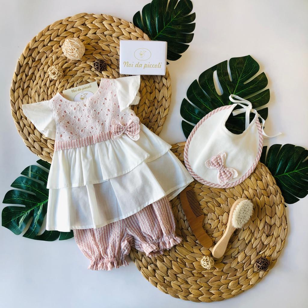 MINIABITO CON CULOTTE IN COTONE DETTAGLI ROSA ANTICO - Noi da piccoli