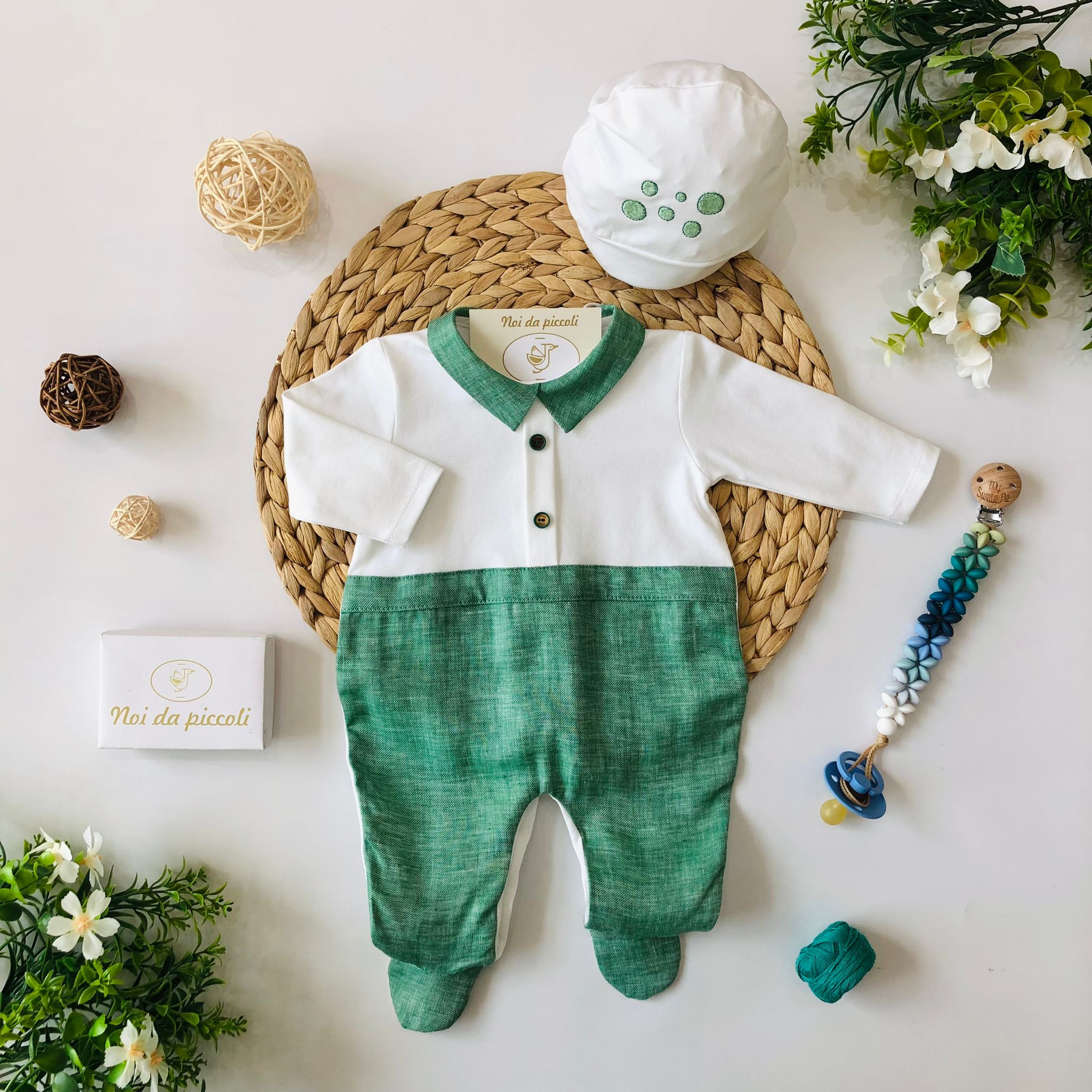 TUTINA CON CAPPELLINO VERDE LINO E COTONE - Noi da piccoli