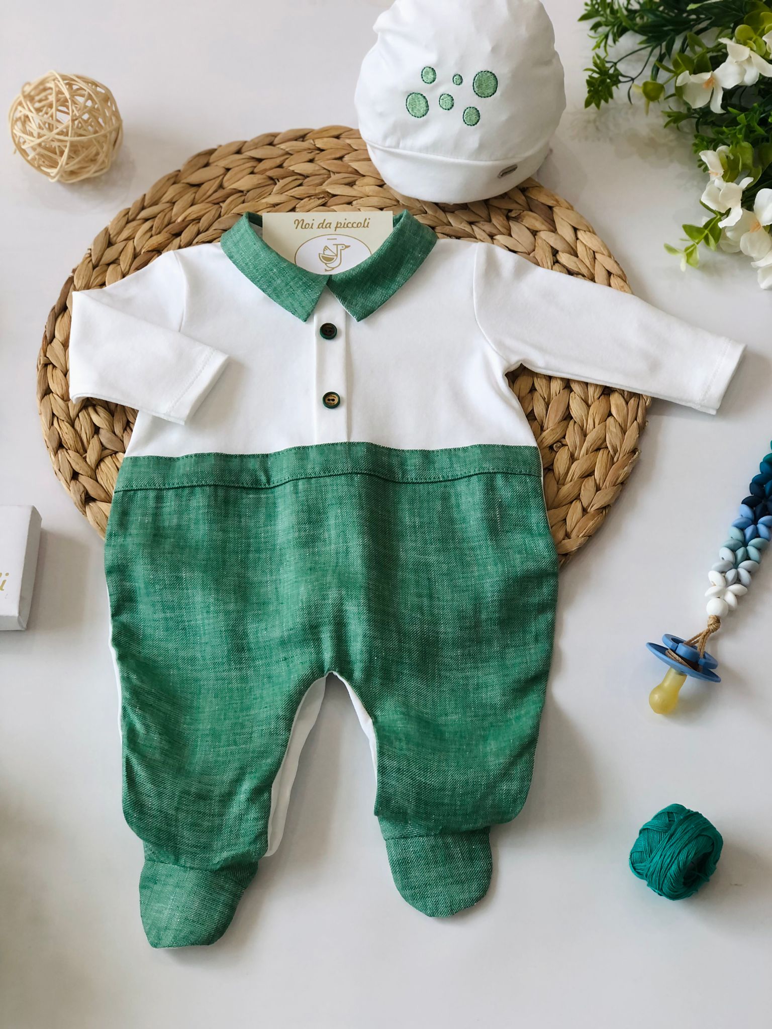 TUTINA CON CAPPELLINO VERDE LINO E COTONE - Noi da piccoli