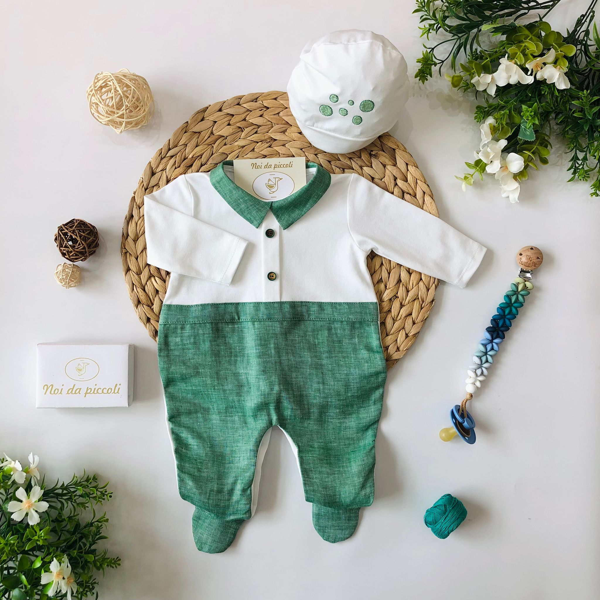 TUTINA CON CAPPELLINO VERDE LINO E COTONE - Noi da piccoli