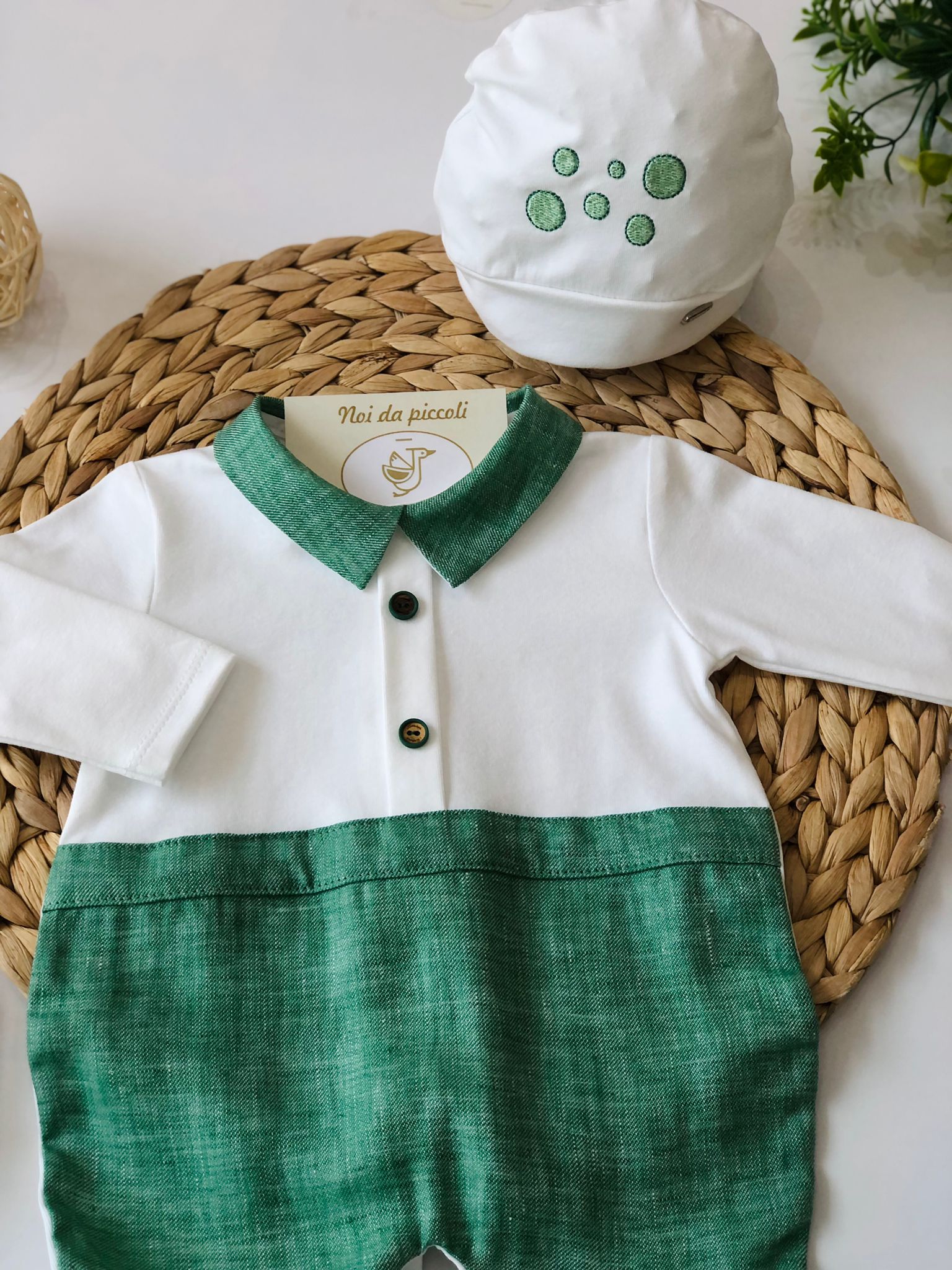 TUTINA CON CAPPELLINO VERDE LINO E COTONE - Noi da piccoli