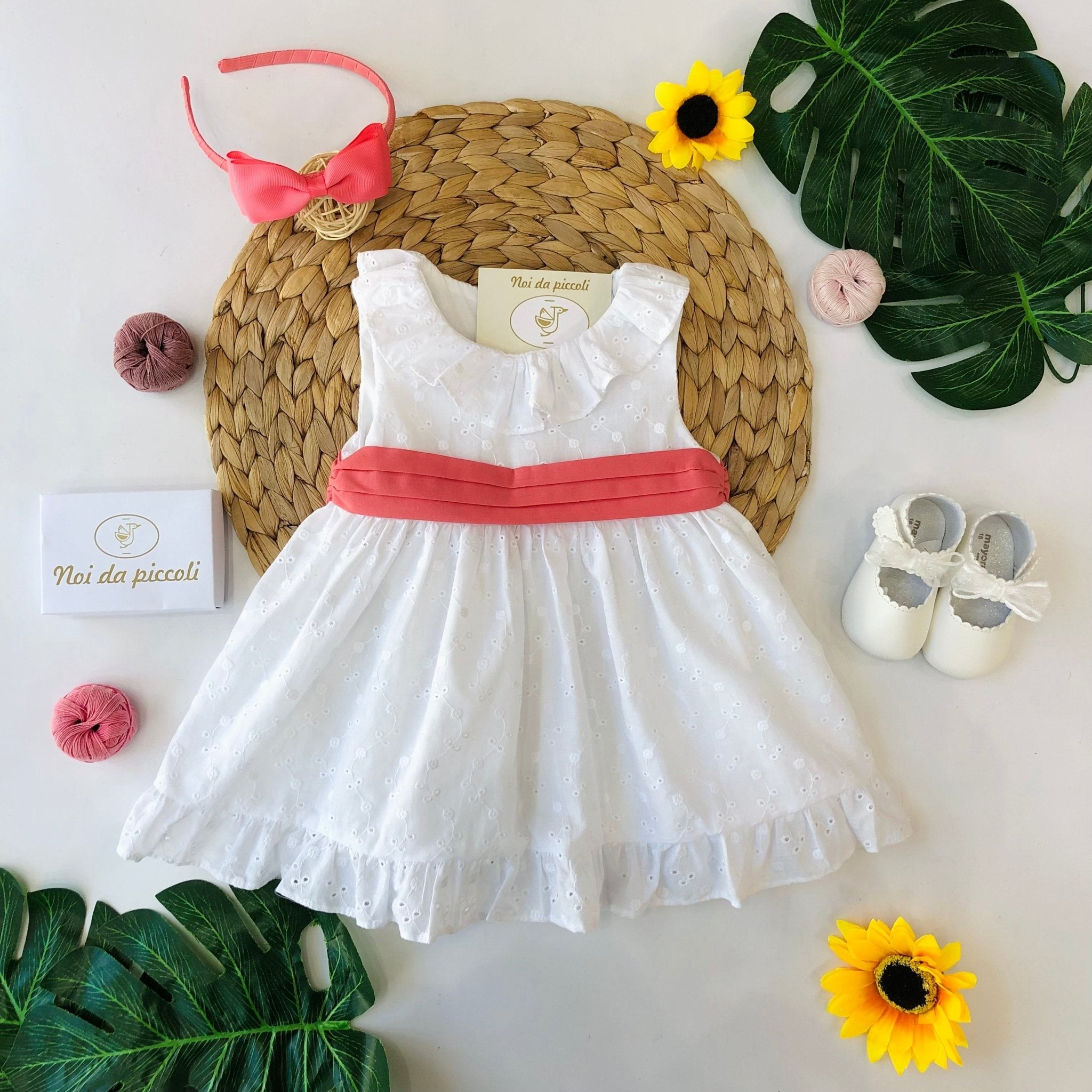 VESTINA COTONE BIANCO CON FASCIA CORALLO - Noi da piccoli