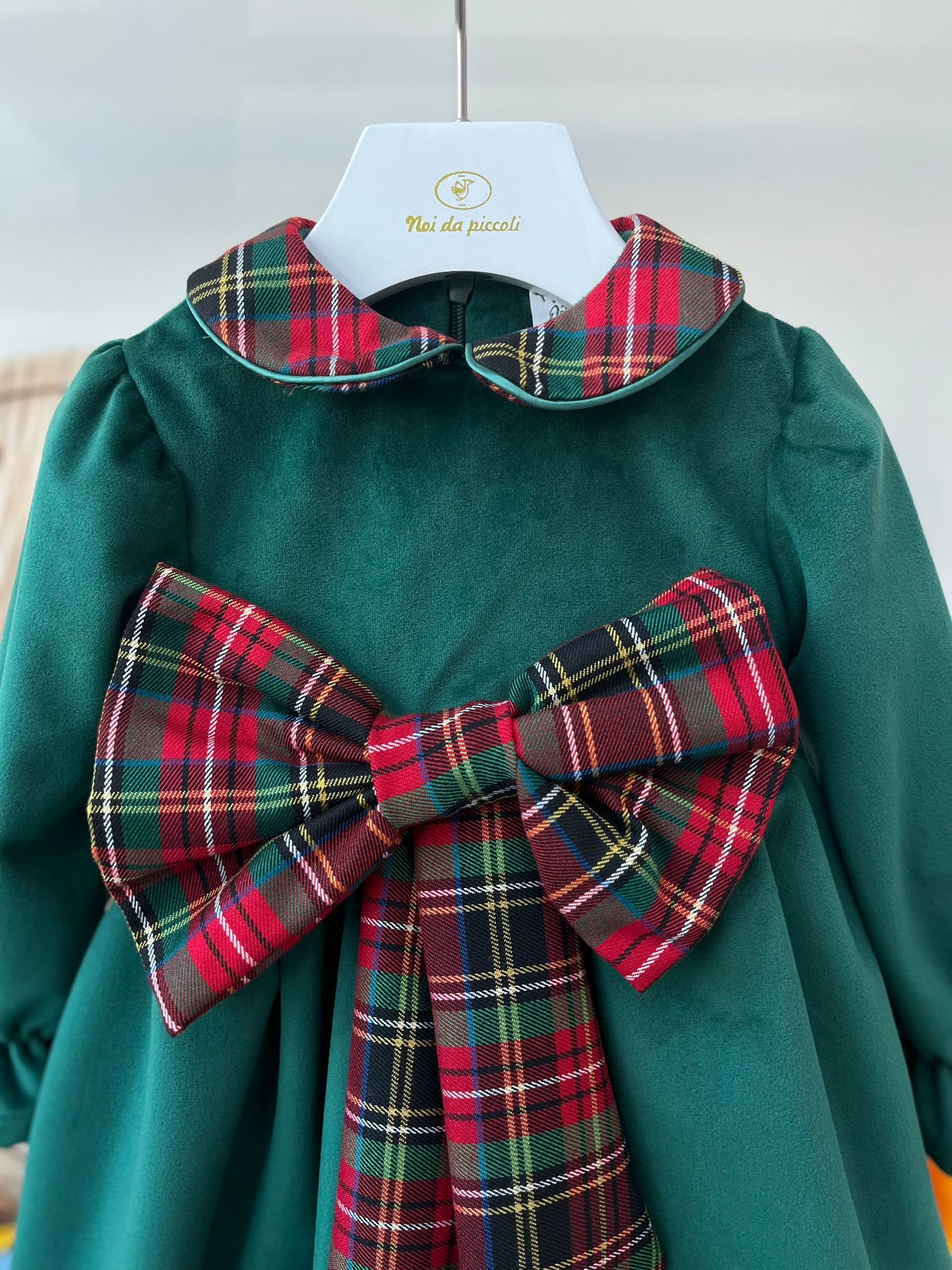 CHRISTMAS DRESS IN VELVET WITH BOW AND COLLAR IN GREEN TARTAN TARTAN