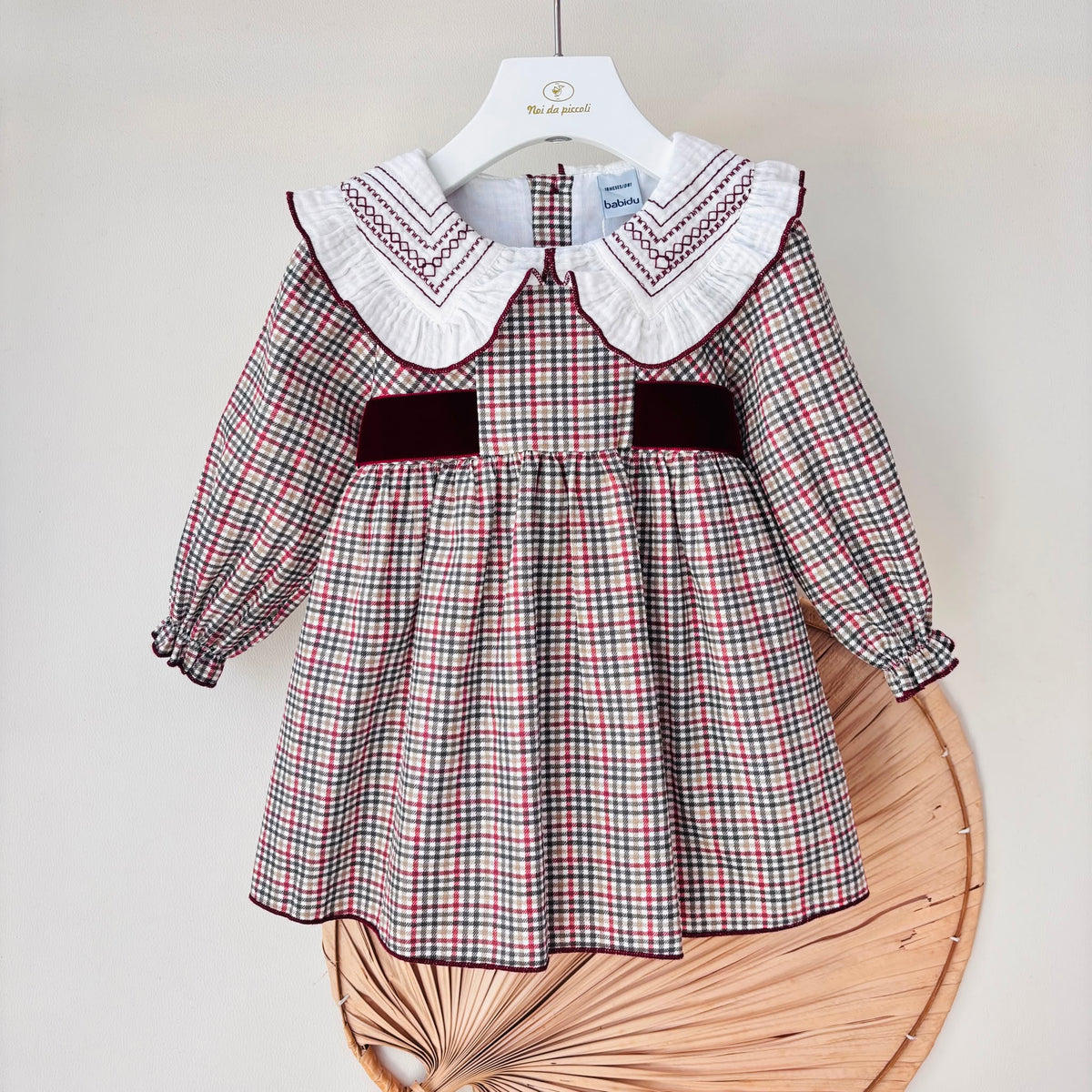vestito IN COTONE CALDO BORDEAUX con colletto ricamato