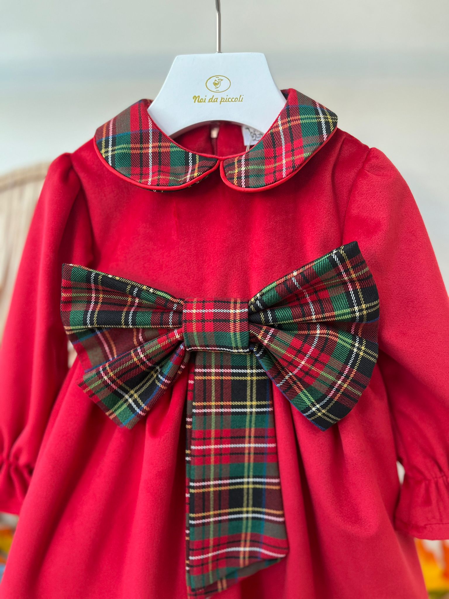 CHRISTMAS DRESS IN VELVET WITH BOW AND RED TARTAN COLLAR TARTAN