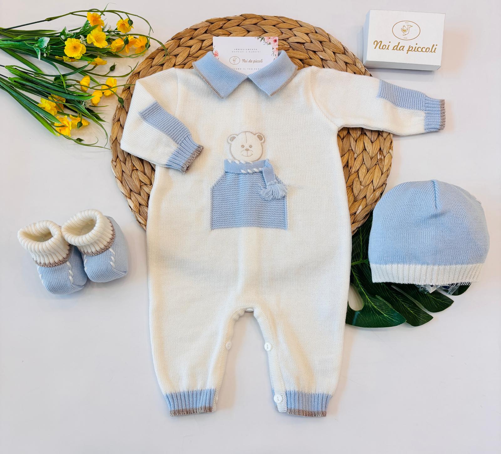 TUTINA CON PARURE 100% LANA PANNA E AZZURRO TEDDY