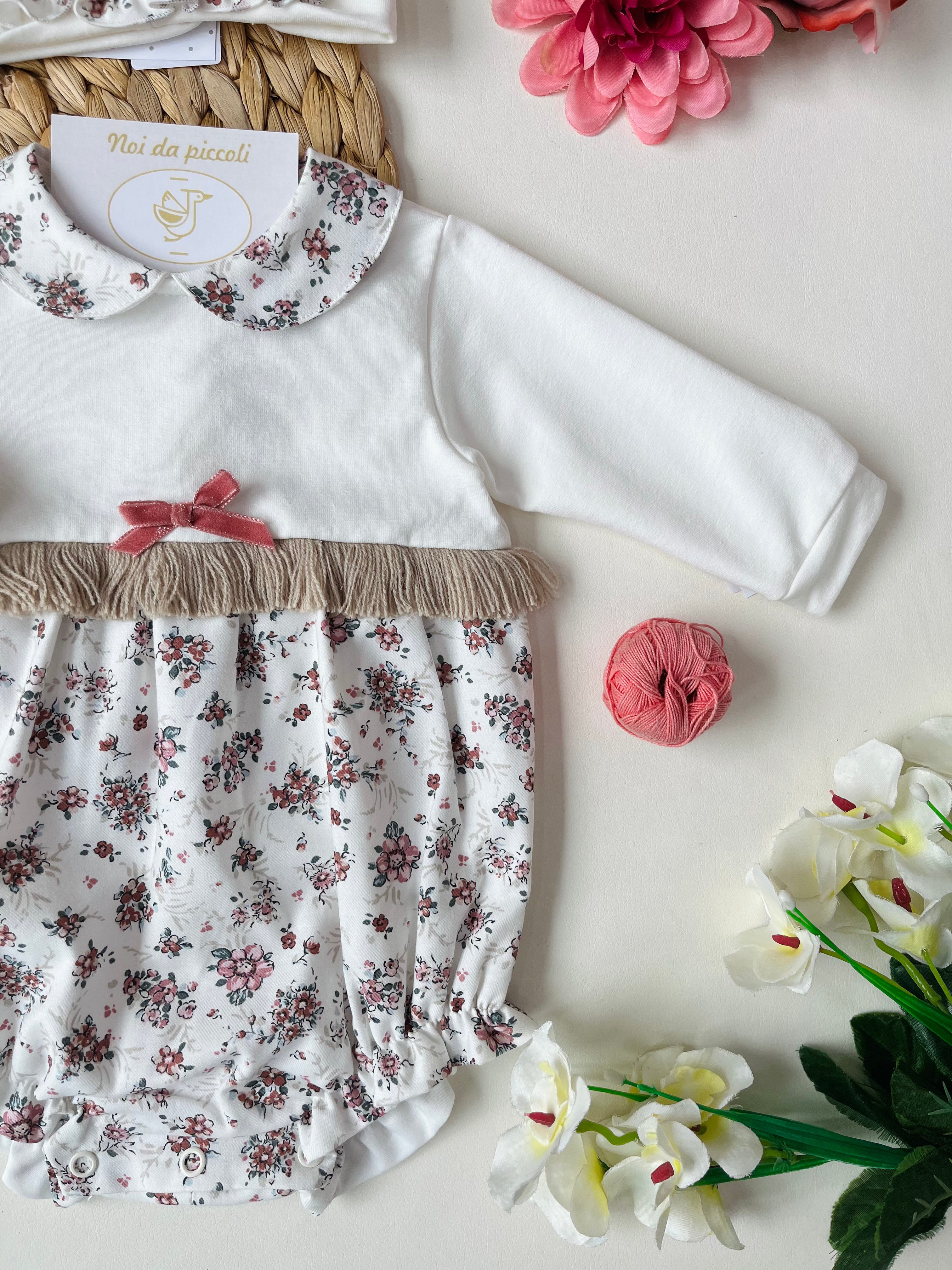 CREAM AND PINK FLOWER SWEATSHIRT ROMPER