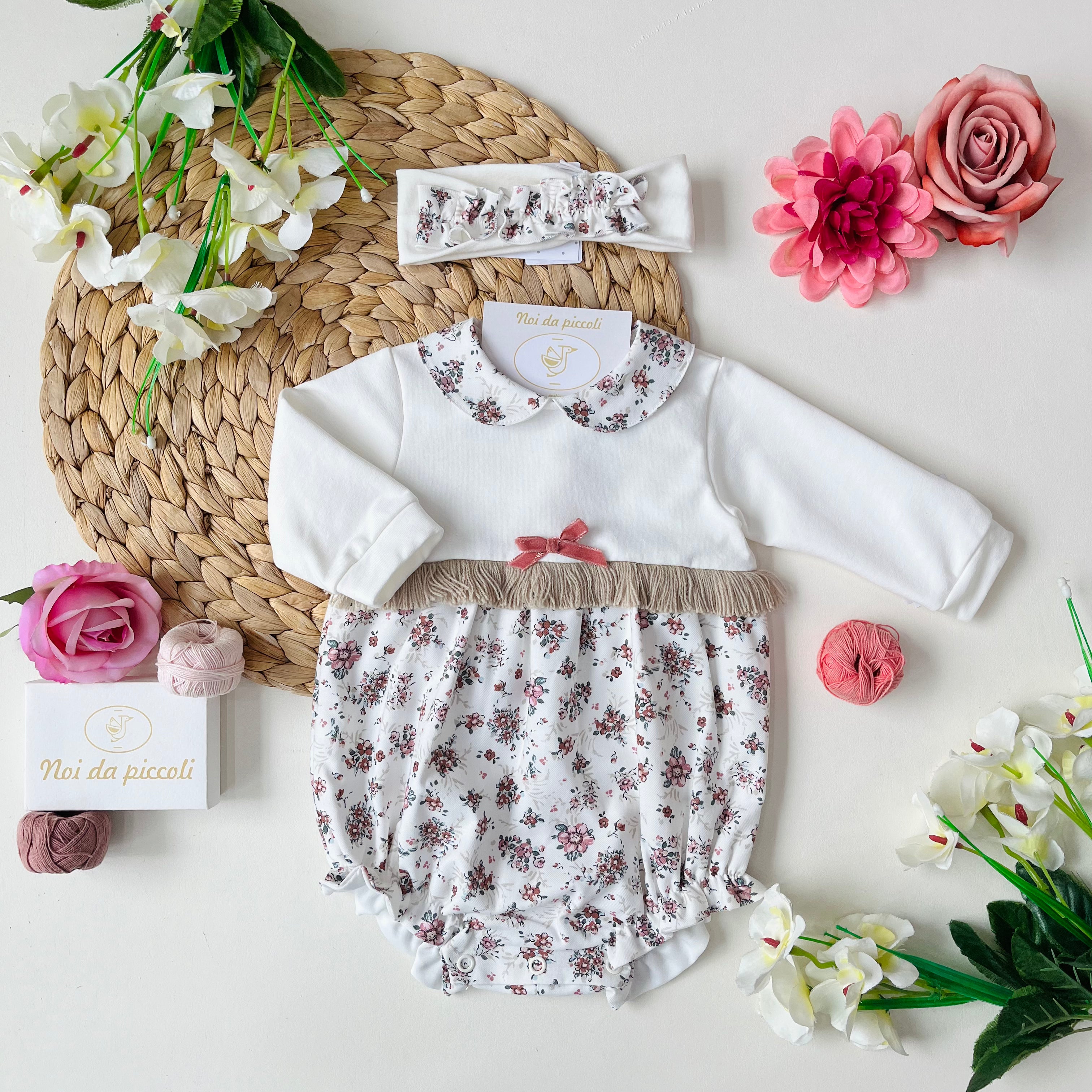 CREAM AND PINK FLOWER SWEATSHIRT ROMPER