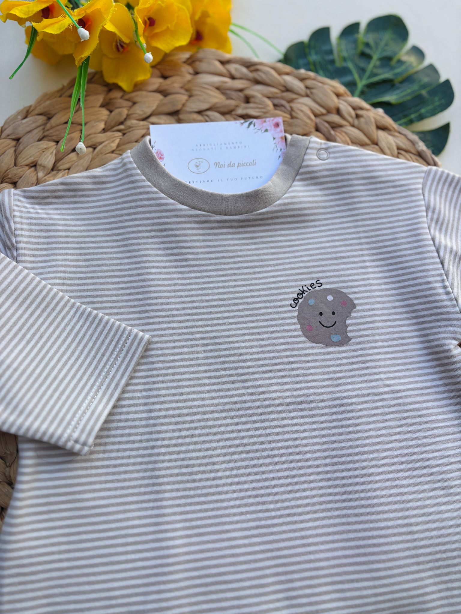 MAGLIETTINA IN CALDO COTONE A RIGHE  BEIGE