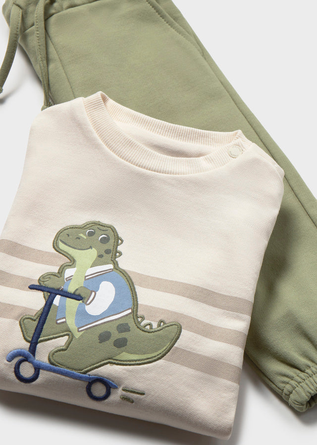 COMPLETO IN COTONE CALDO BEIGE CON DINOSAURO