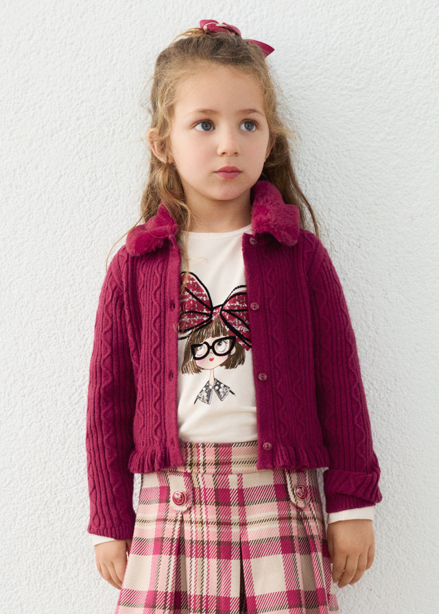 CARDIGAN IN FILATO CALDO LAMPONE CON BORDO A VOLANT