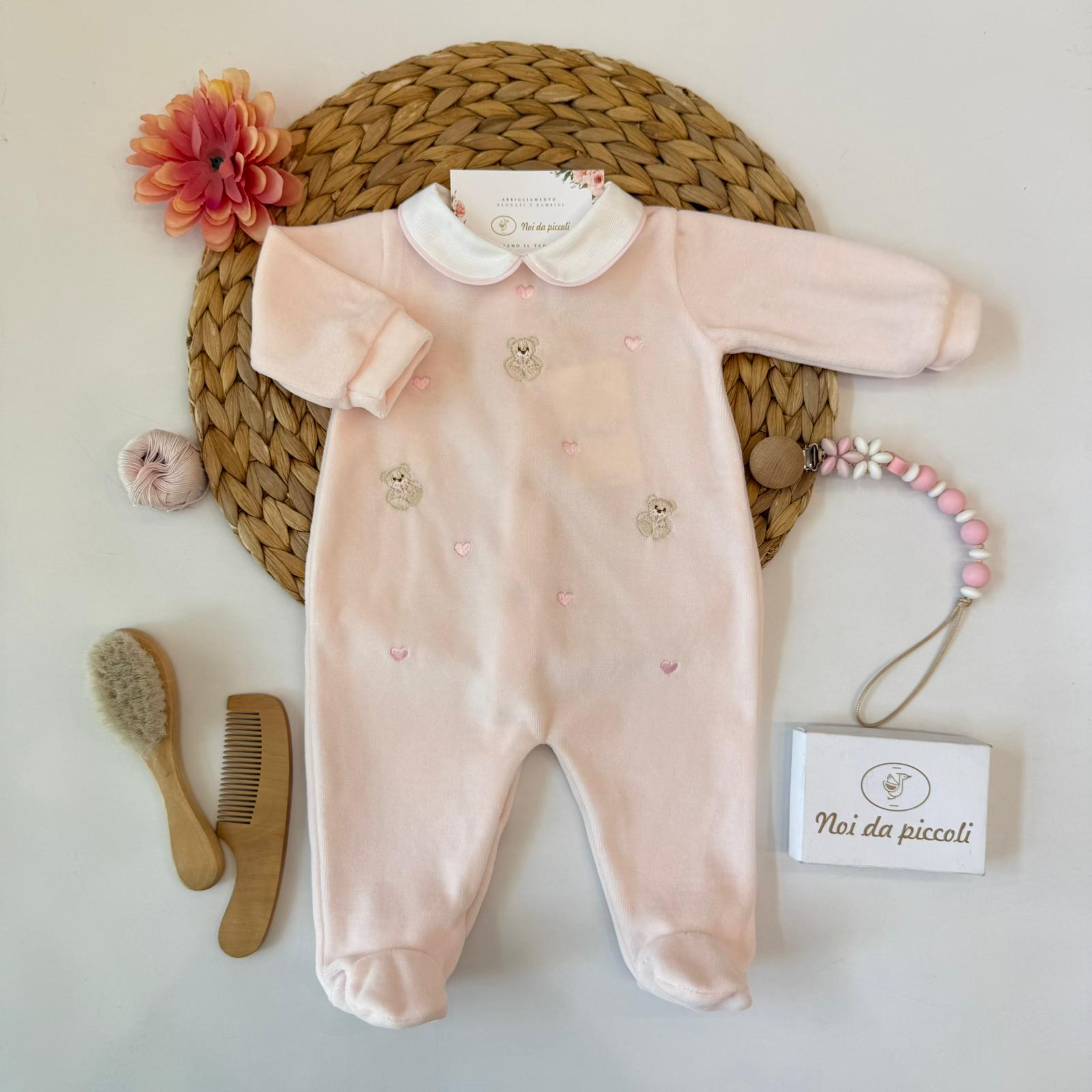 TUTINA IN CINIGLIA ROSA CIPRIA CON ORSETTI E CUORICINI ROSA RICAMATI