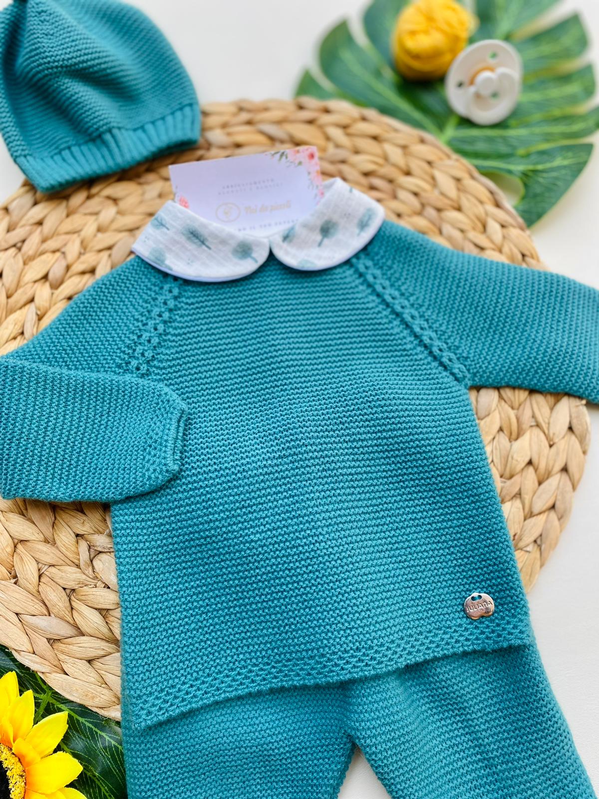 3-PIECE SET WITH WHITE COLLAR 100% ACRYLIC PETROL GREEN