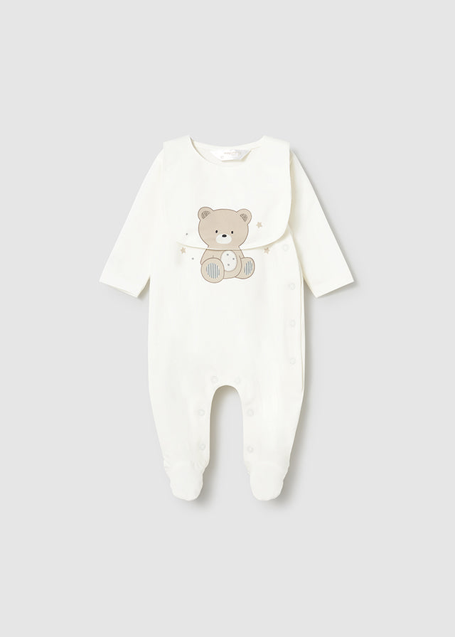 TUTINA IN COTONE CON ORSETTO BEIGE E BAVETTA ABBINATA  CRUDO