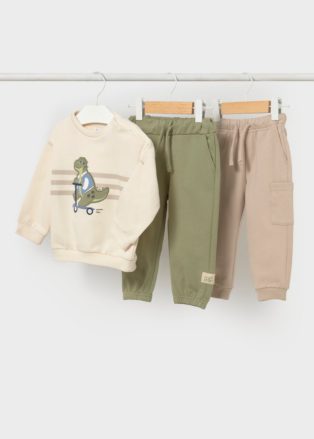 COMPLETO IN COTONE CALDO BEIGE CON DINOSAURO