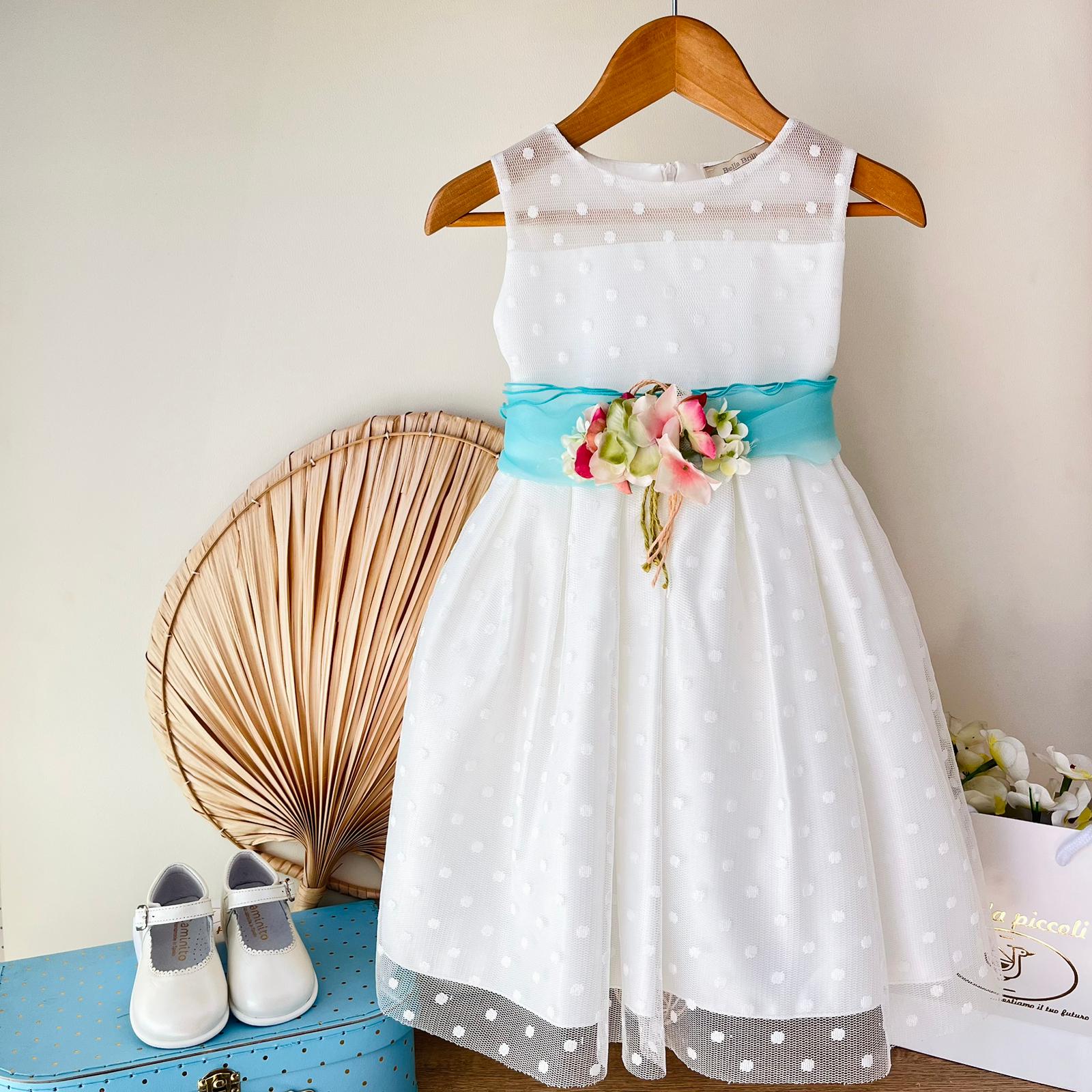 ABITINO CERIMONIALE BIANCO CON FASCIA CENTRALE VERDE CON FIORELLINI - Noi da piccoli