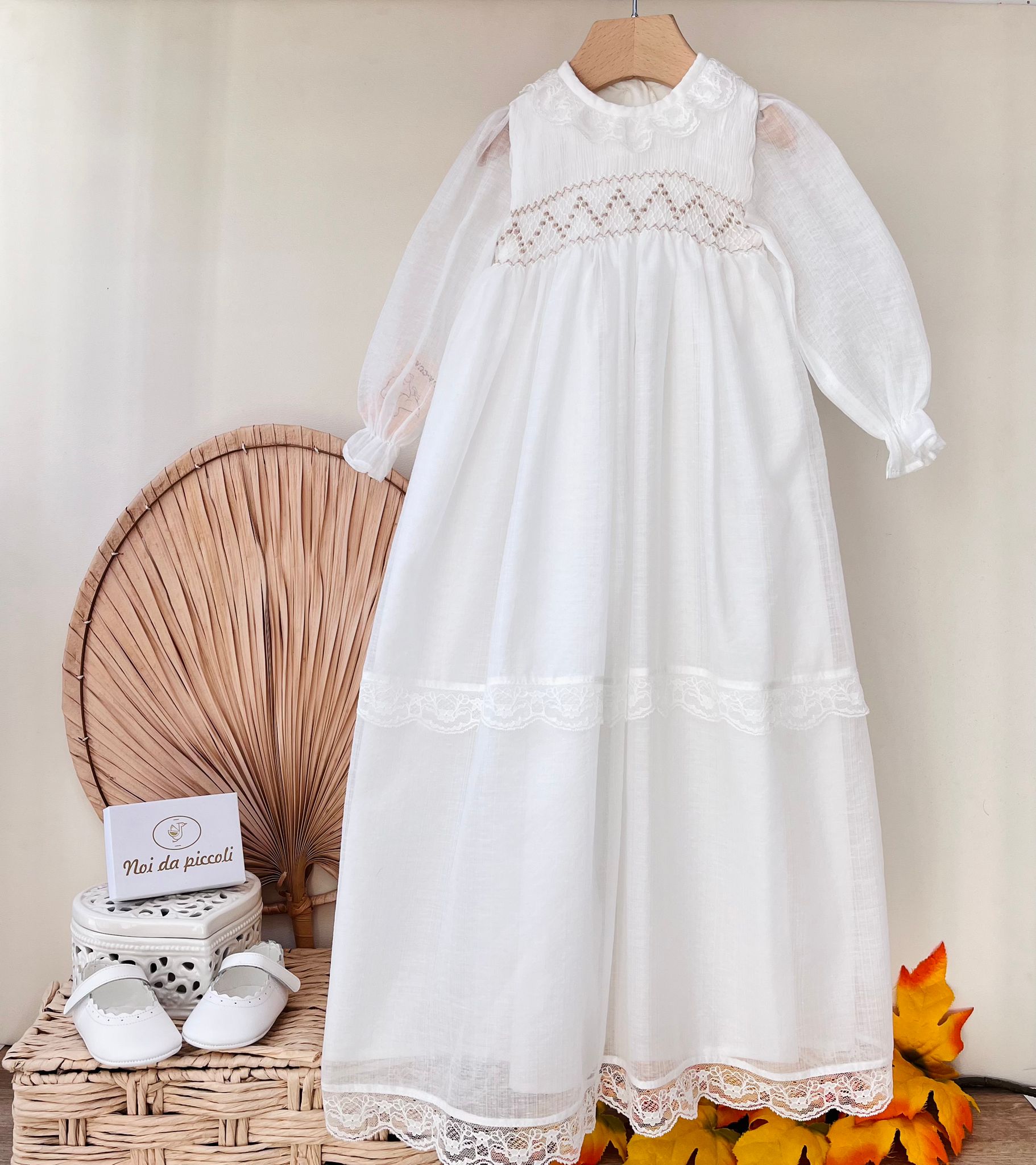 ABITINO CERIMONIALE LUNGO PUNTO SMOCK BIANCO AVORIO - Noi da piccoli