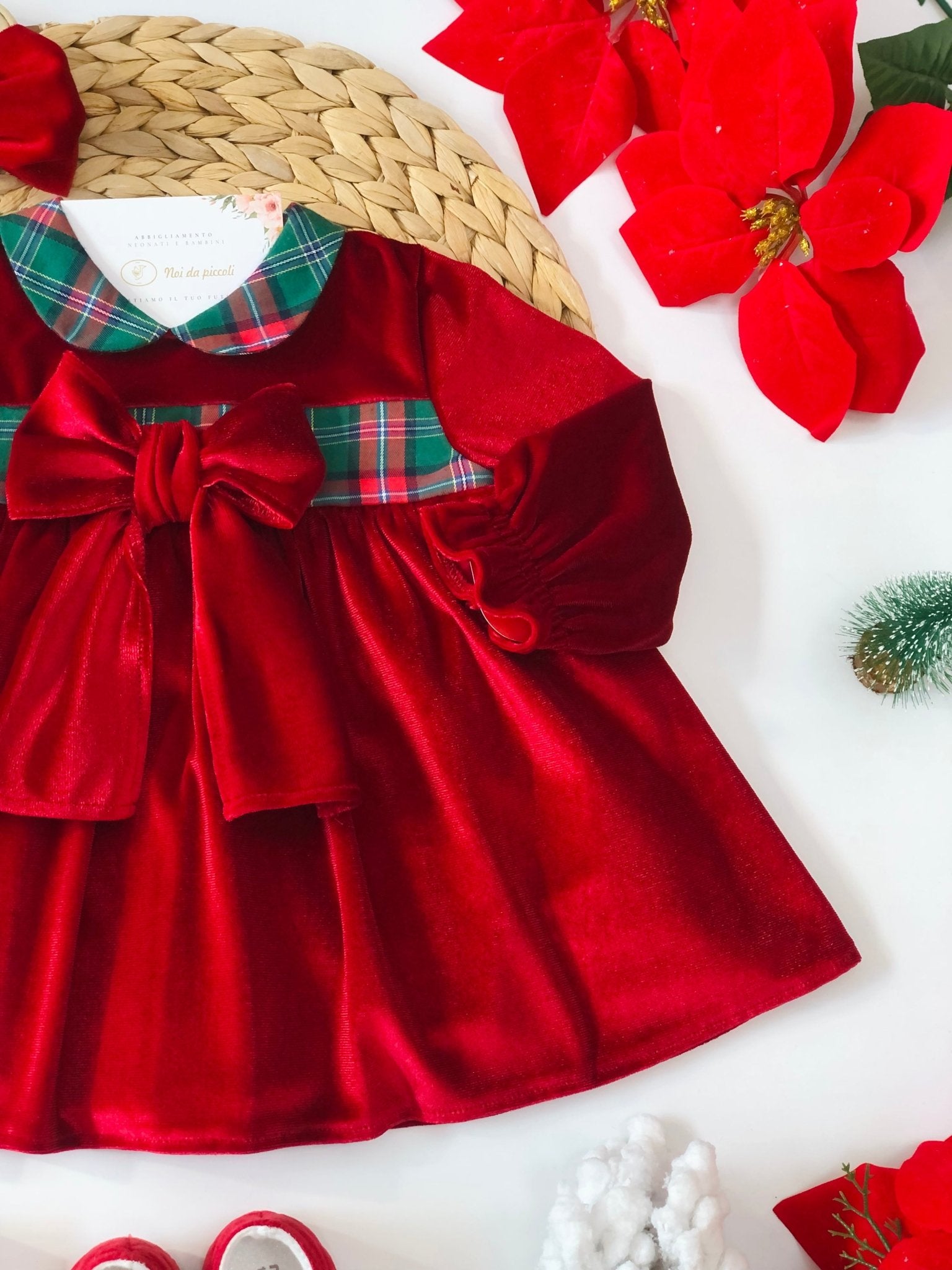 ABITINO VELLUTO ROSSO CON FASCIA TARTAN - Noi da piccoli