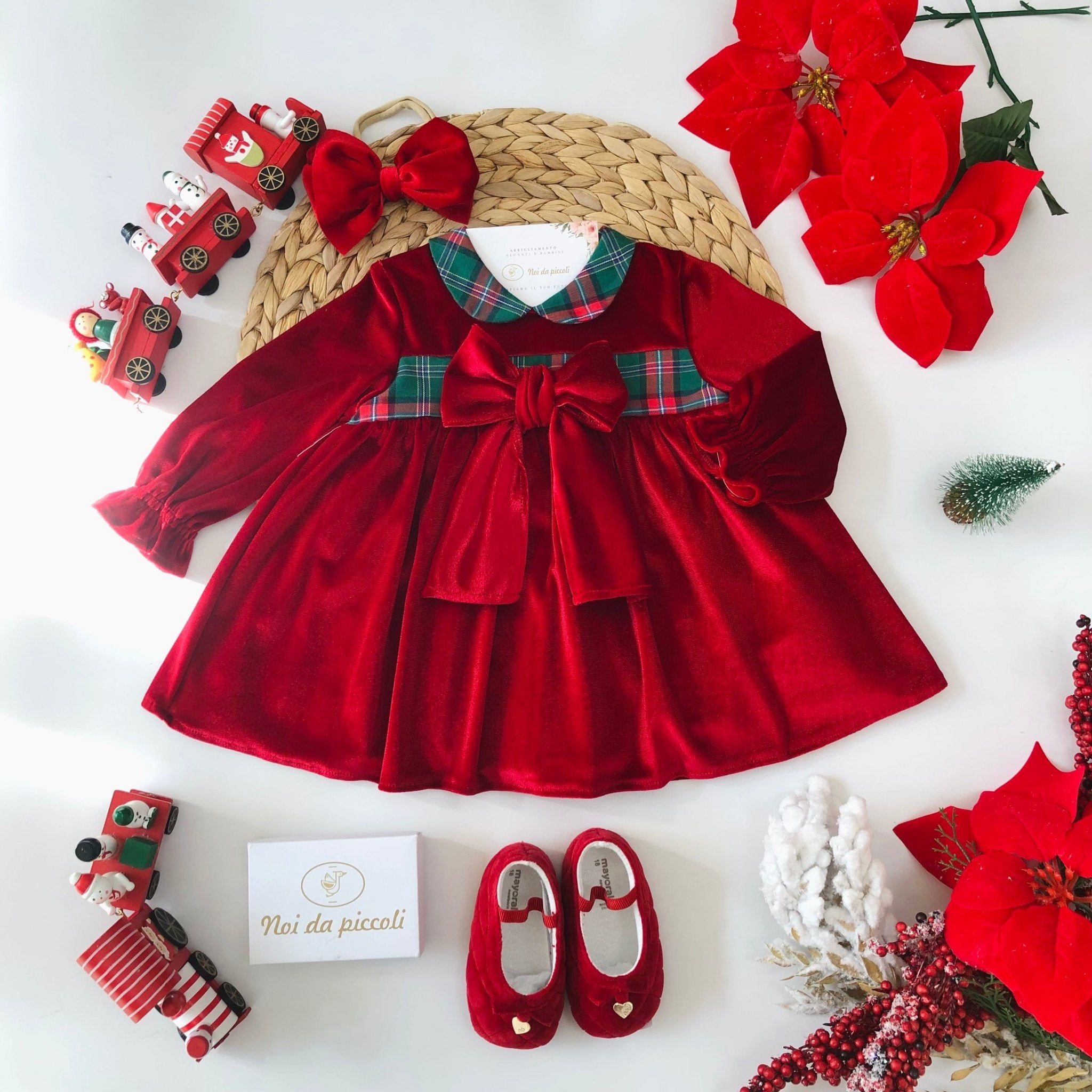 ABITINO VELLUTO ROSSO CON FASCIA TARTAN - Noi da piccoli