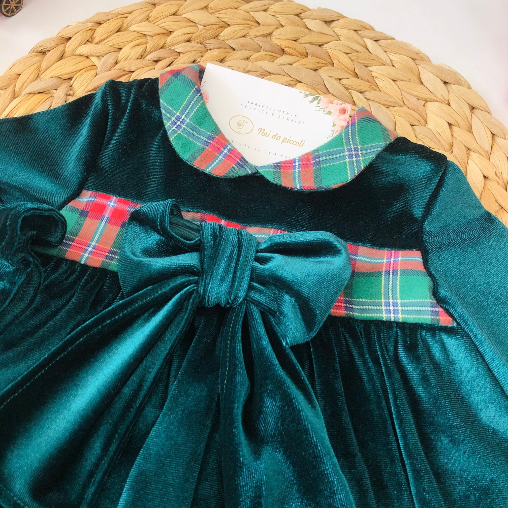 ABITINO VELLUTO VERDE CON FASCIA TARTAN - Noi da piccoli