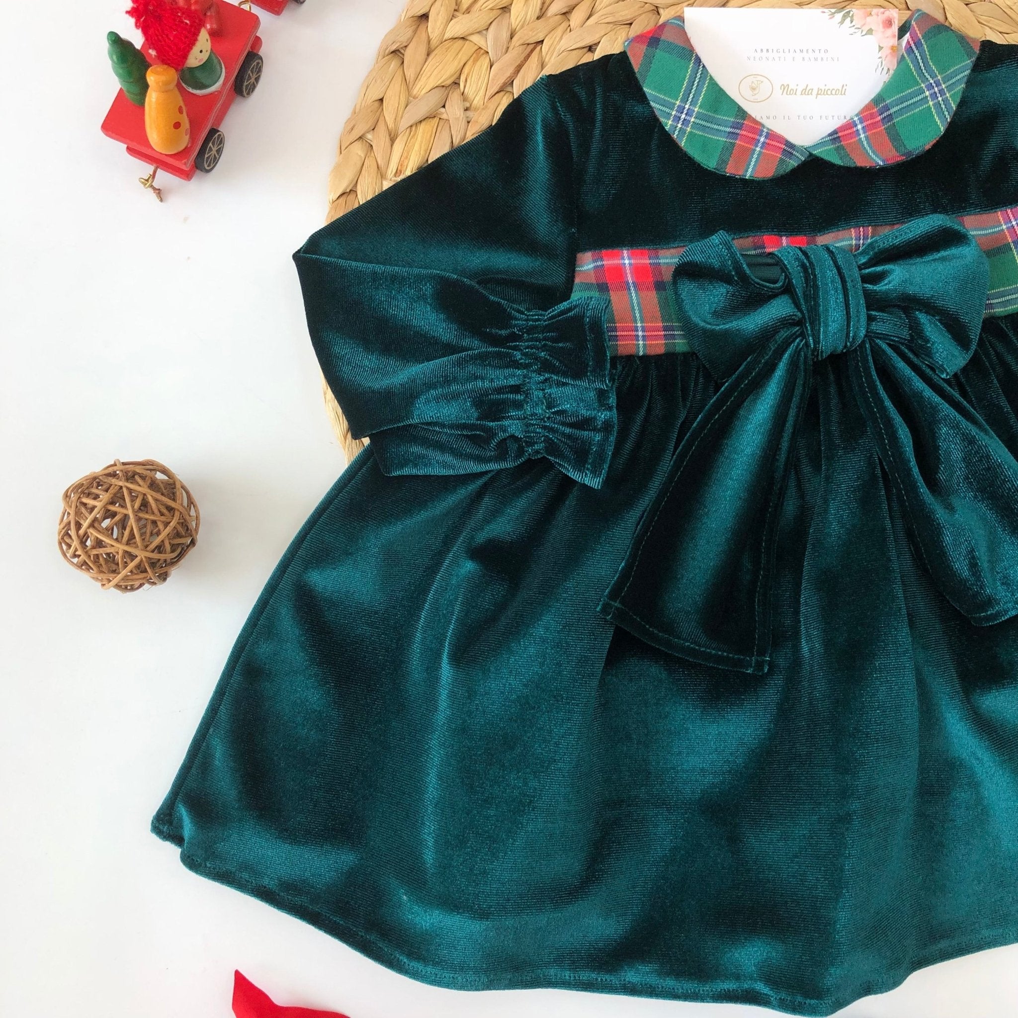 ABITINO VELLUTO VERDE CON FASCIA TARTAN - Noi da piccoli