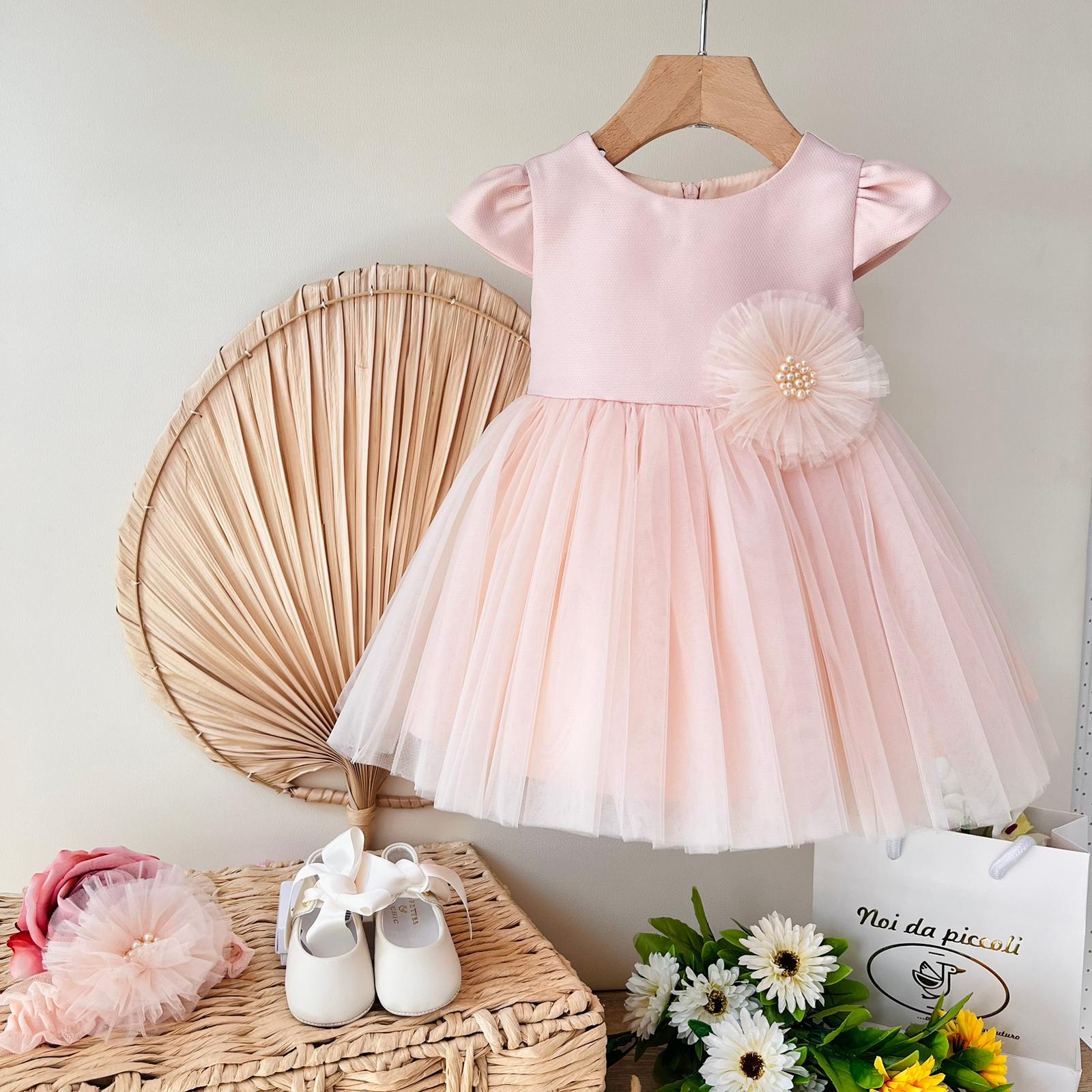 ABITO CERIMONIALE ROSA CON TULLE E FIORELLINO CON PERLINE - Noi da piccoli