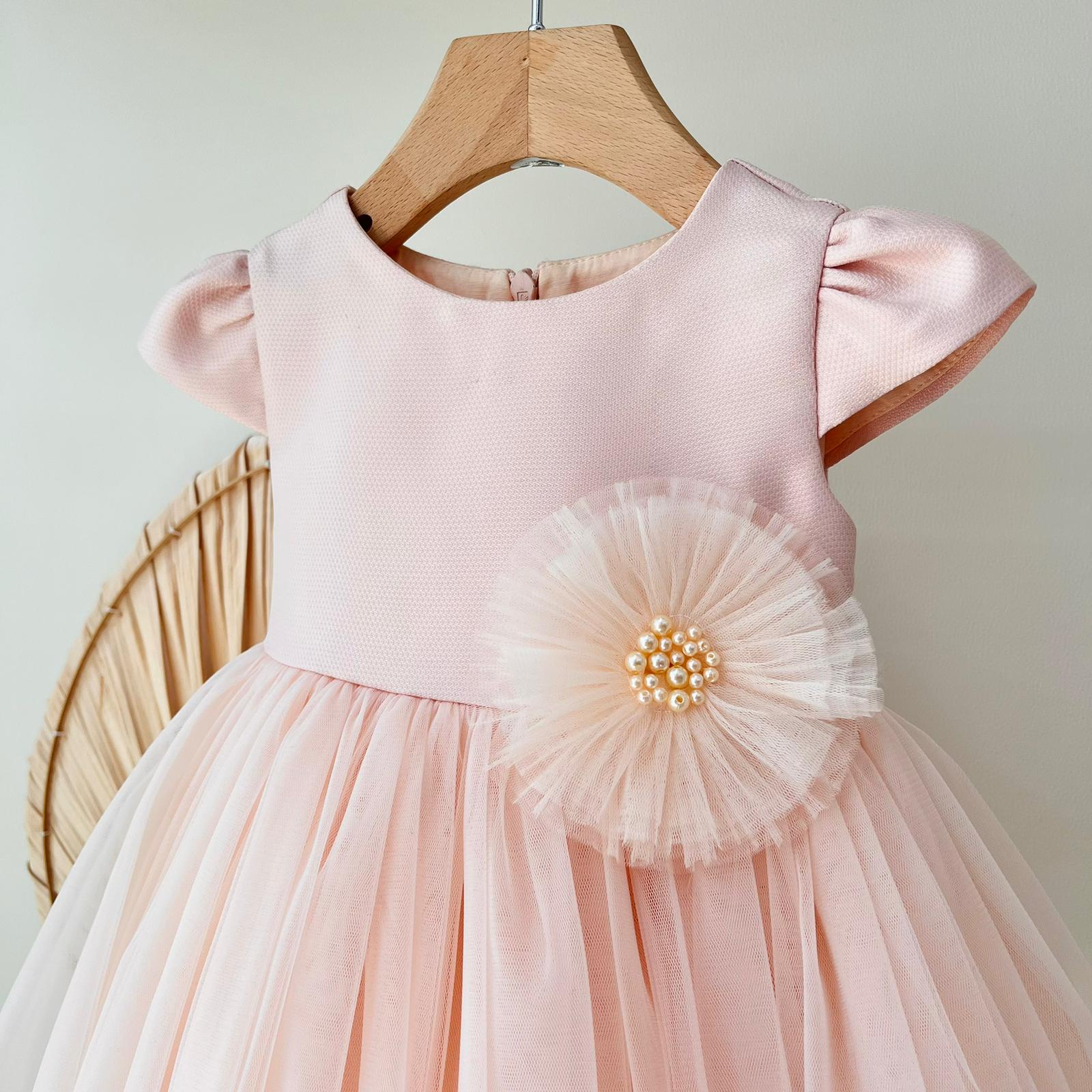 ABITO CERIMONIALE ROSA CON TULLE E FIORELLINO CON PERLINE - Noi da piccoli