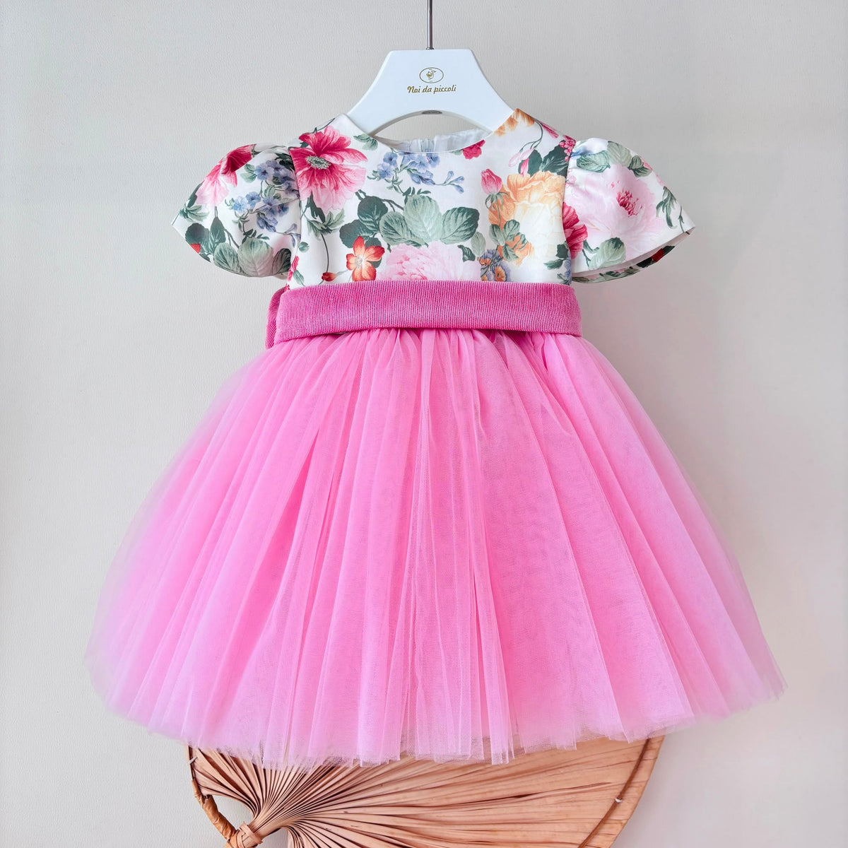 Abito Cerimoniale Tulle e Fiori con Fascia Velluto Rosa Isabel