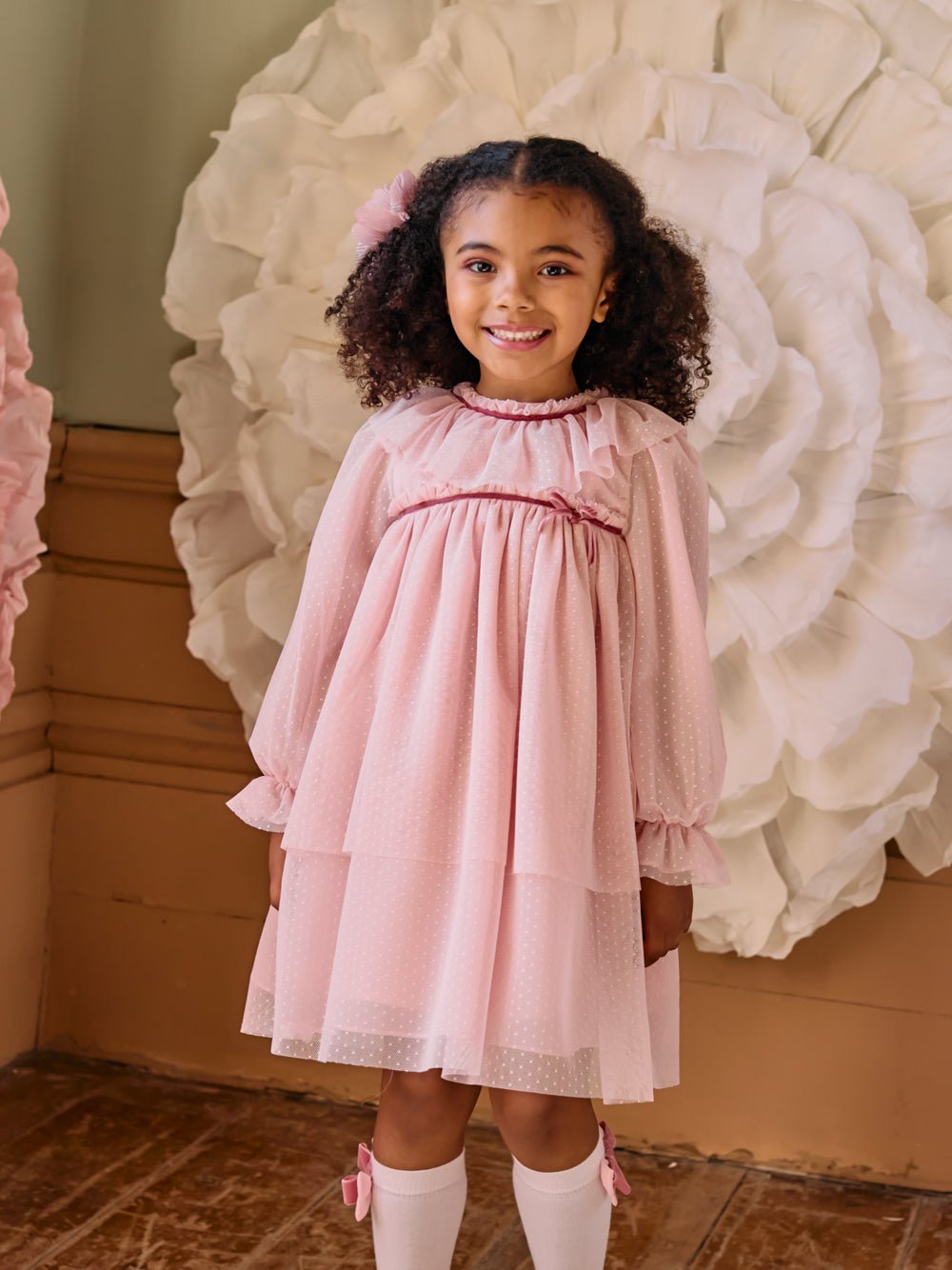 ABITO IN TULLE A POIS ALL - OVER E FIOCCO IN VELLUTO PINK - Noi da piccoli