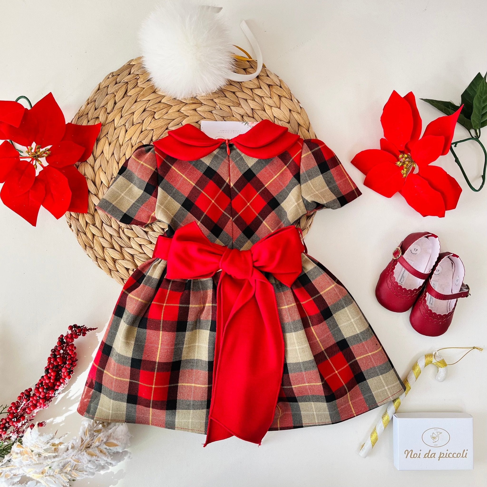 ABITO TARTAN BEIGE E FASCIA ROSSA CON FIOCCO - Noi da piccoli