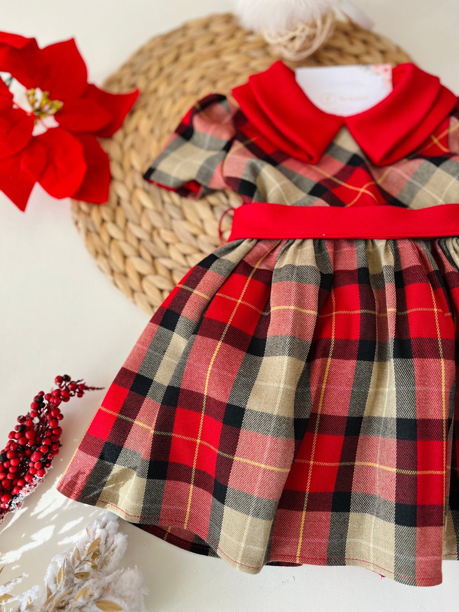 ABITO TARTAN BEIGE E FASCIA ROSSA CON FIOCCO - Noi da piccoli