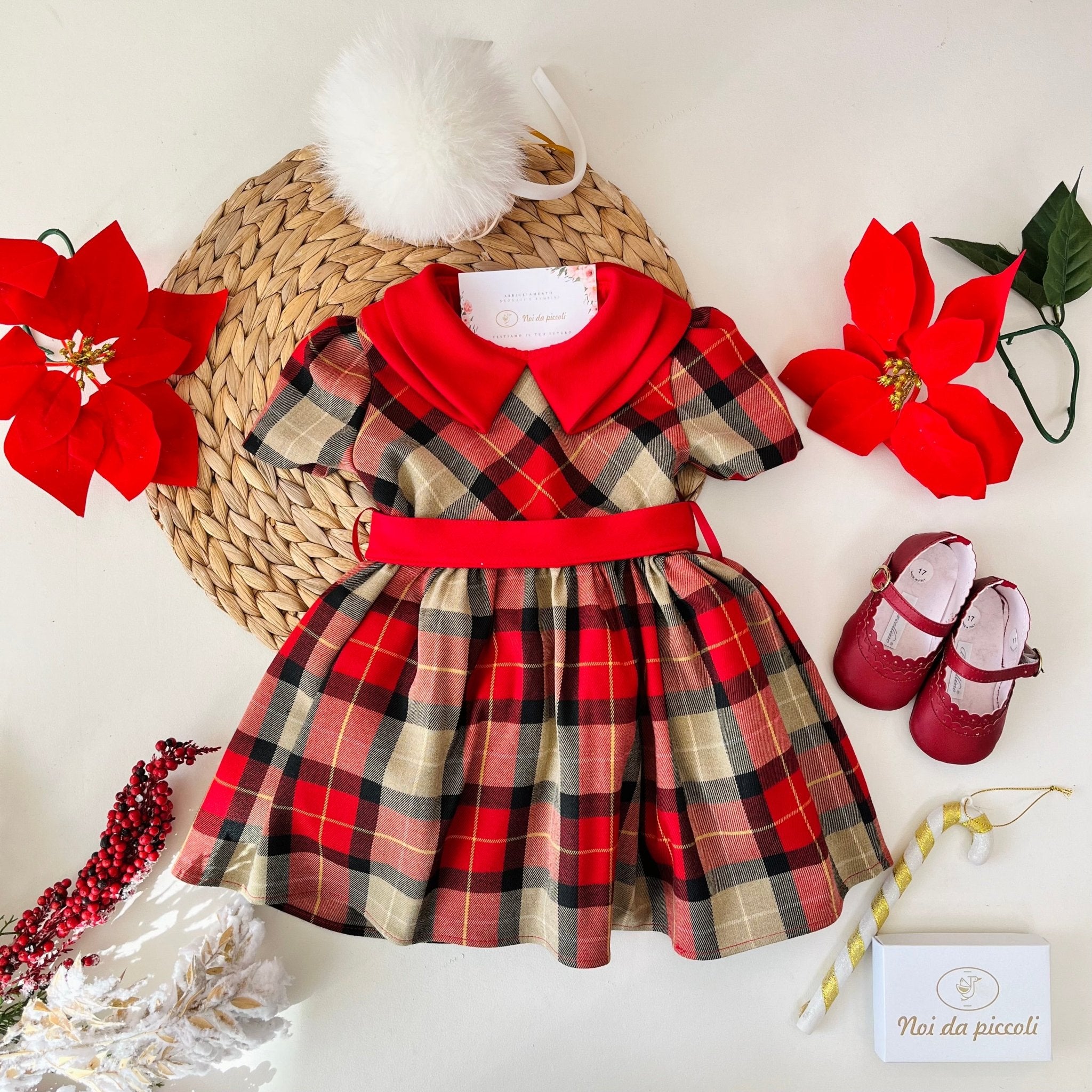 ABITO TARTAN BEIGE E FASCIA ROSSA CON FIOCCO - Noi da piccoli