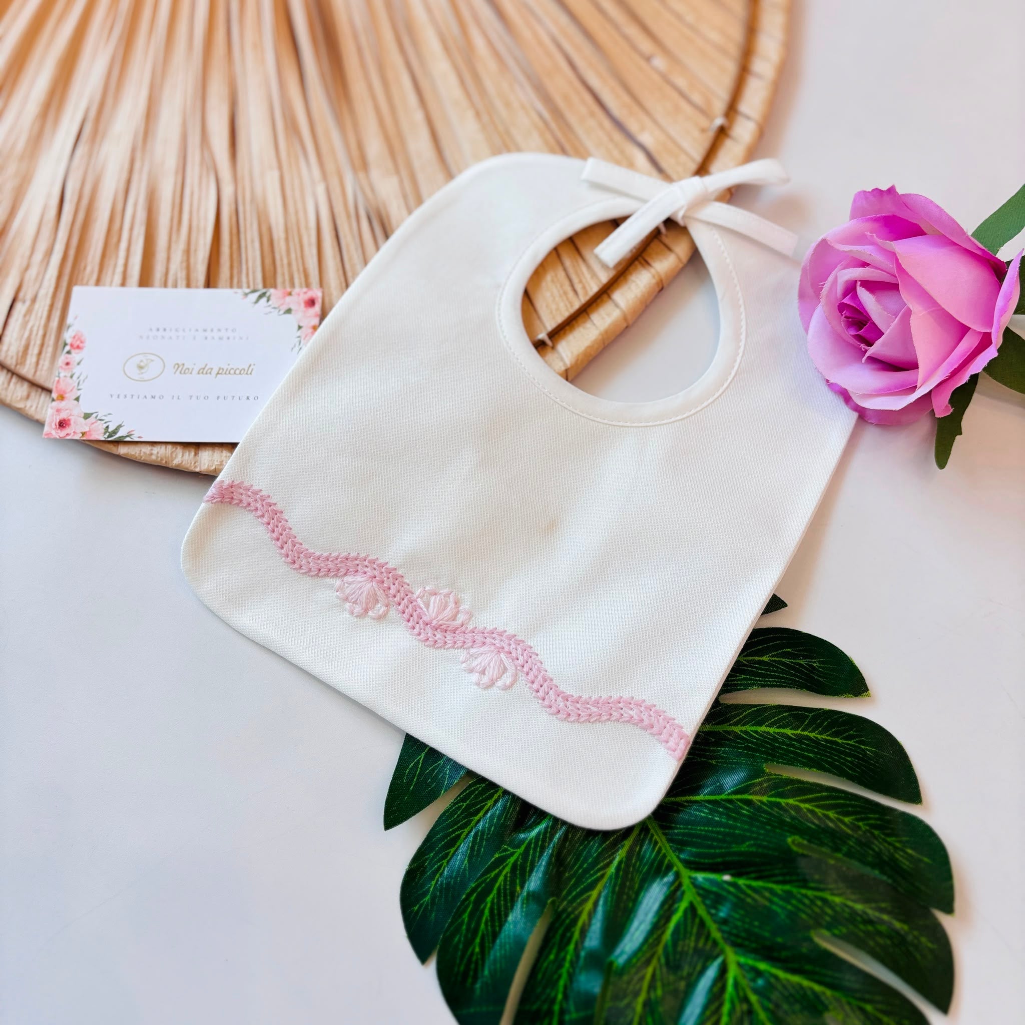 BAVETTA 100 % COTONE PANNA ONDINA ROSA E FIORI - Noi da piccoli