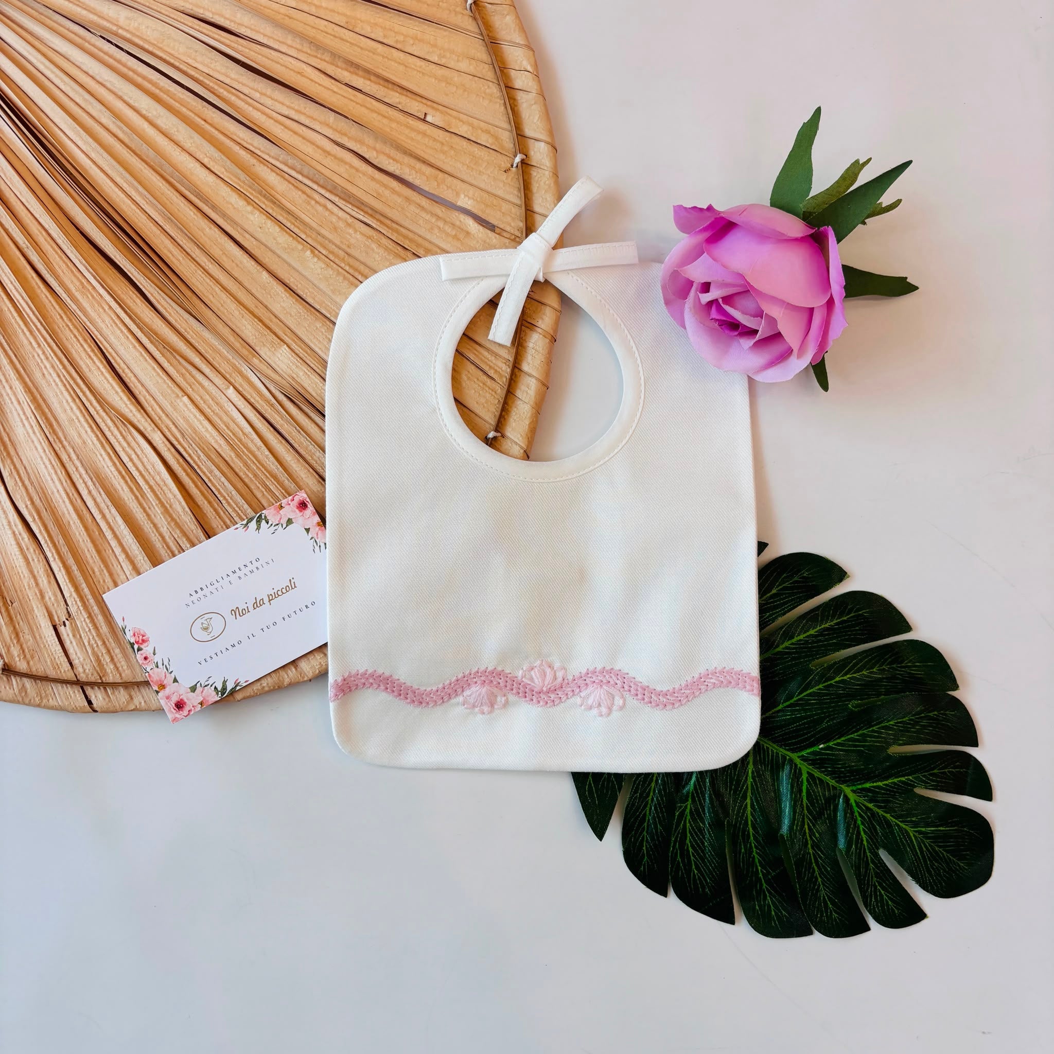 BAVETTA 100 % COTONE PANNA ONDINA ROSA E FIORI - Noi da piccoli