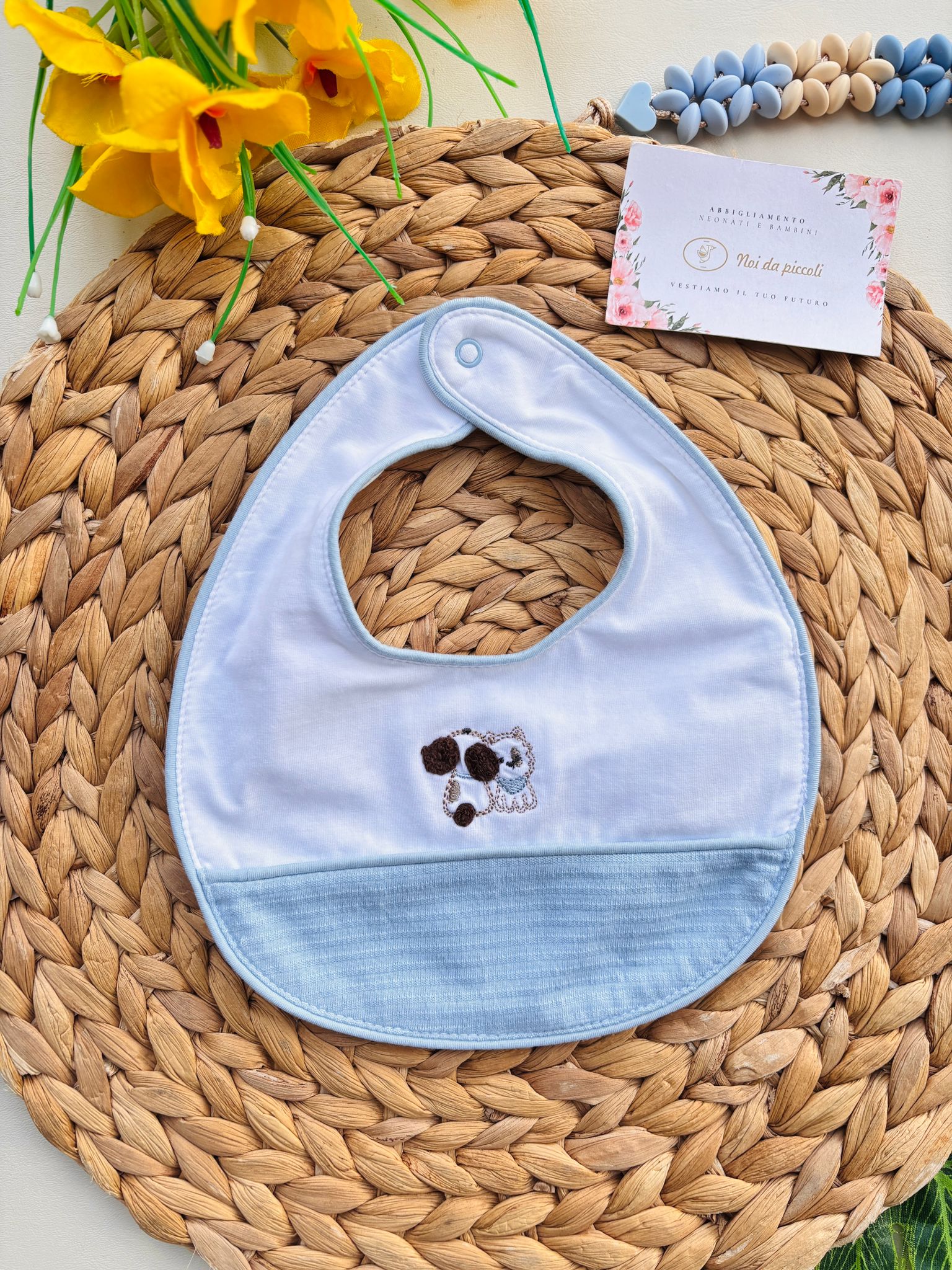 BAVETTA IN COTONE BICOLOR CON CAGNOLINI Bianco Cielo - Noi da piccoli