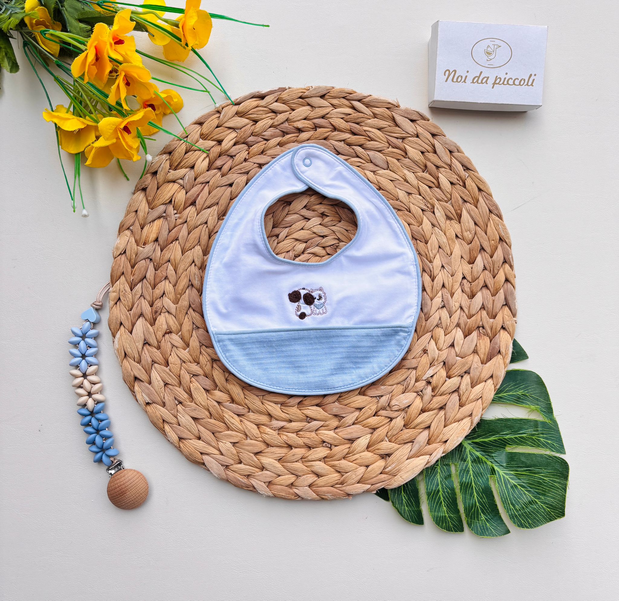 BAVETTA IN COTONE BICOLOR CON CAGNOLINI Bianco Cielo - Noi da piccoli