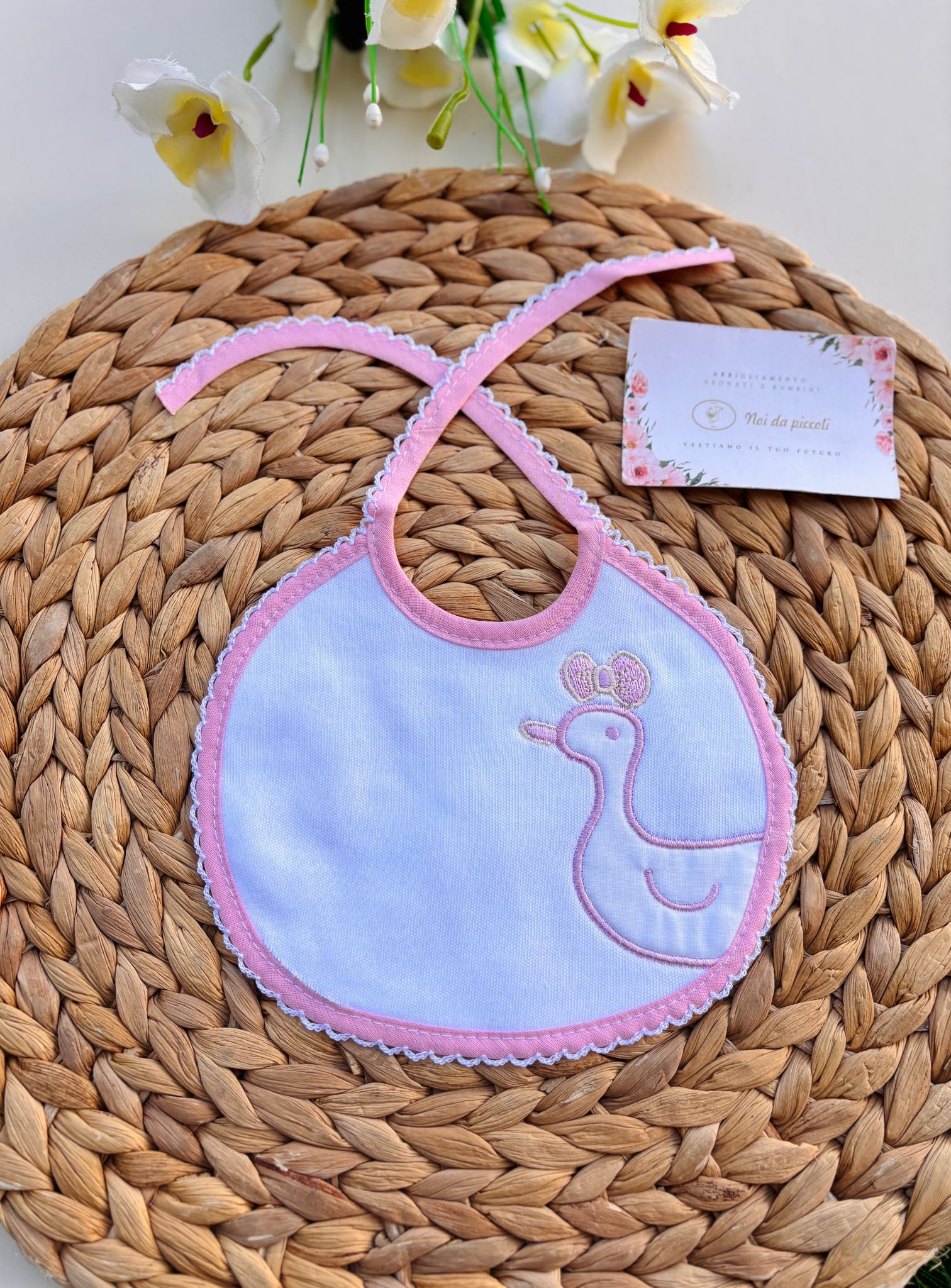 BAVETTA IN COTONE OCHETTA BIANCO ROSA - Noi da piccoli
