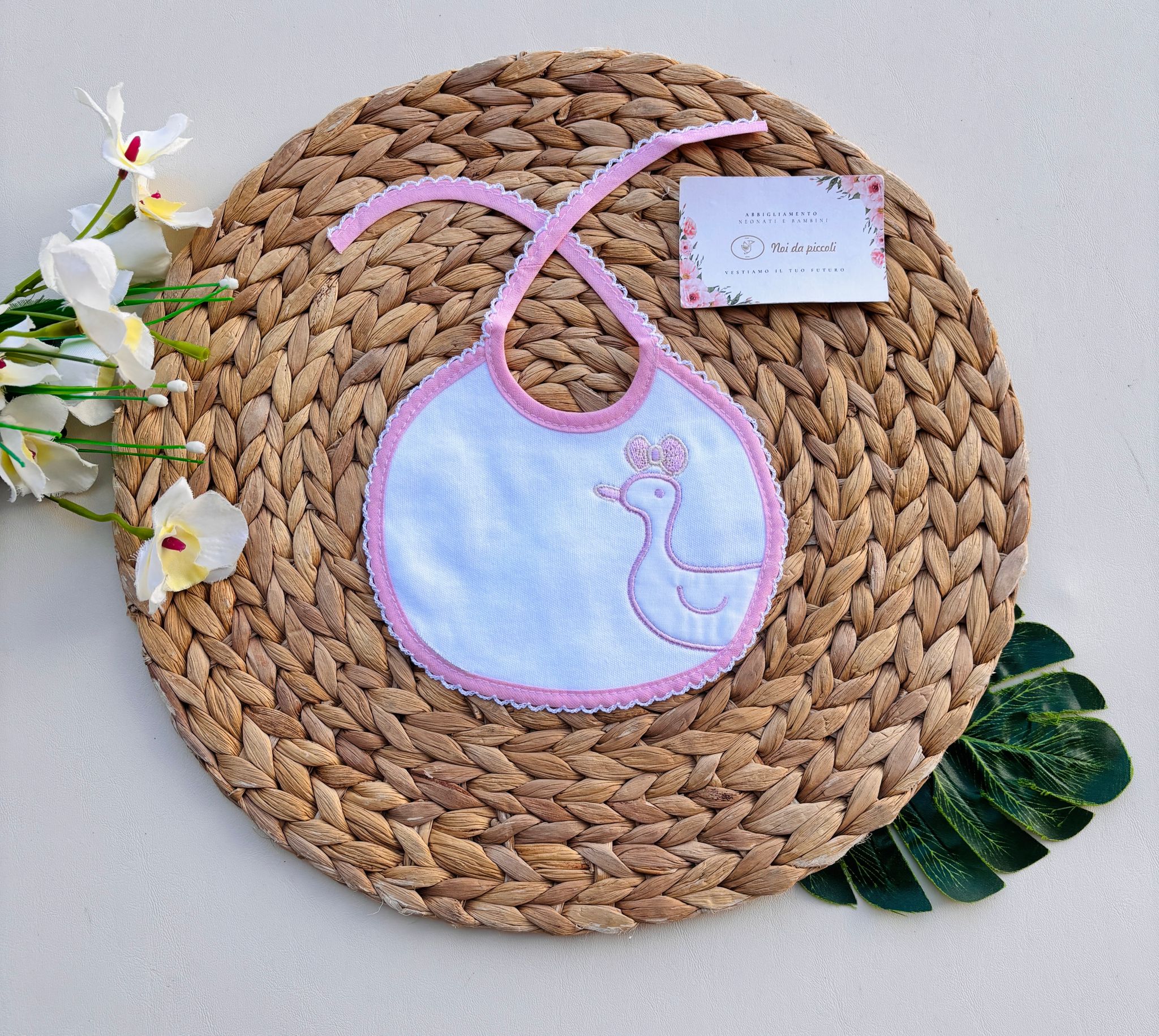 BAVETTA IN COTONE OCHETTA BIANCO ROSA - Noi da piccoli